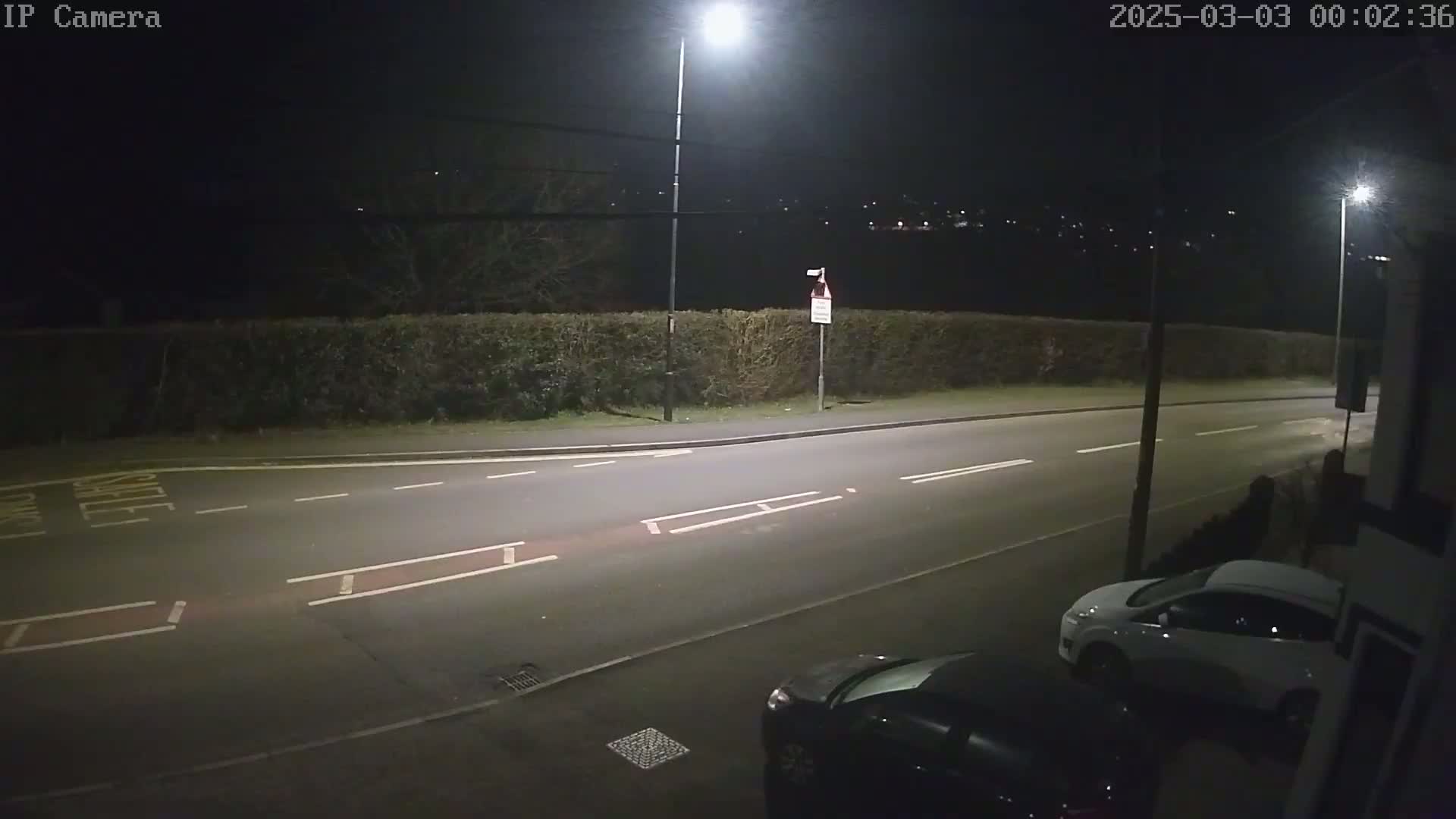 A nighttime view of a road with two parked cars, illuminated by streetlights, bordered by a hedge and showing a clear sky.