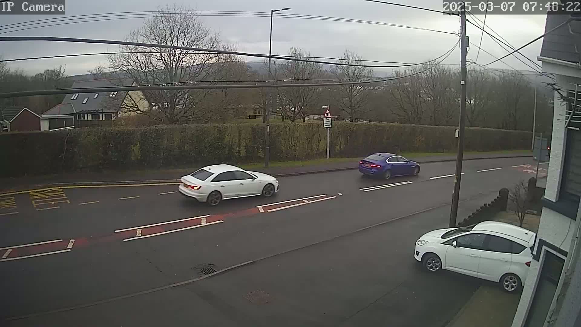 A white sedan and a blue sedan are driving on a road beside a hedge, under an overcast sky, with another white car parked near a building.