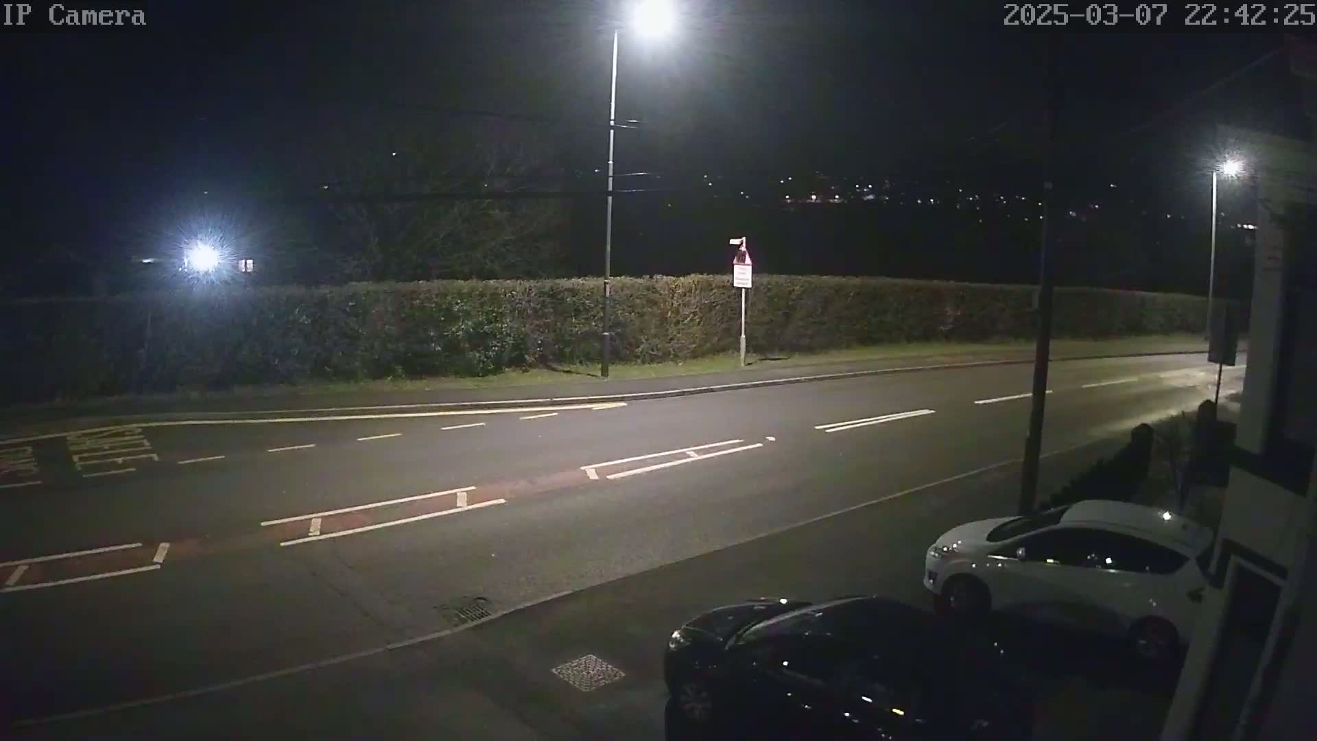 A nighttime street scene shows a road with two cars parked at the side, a hedge, and streetlights illuminating the area under a dark sky.