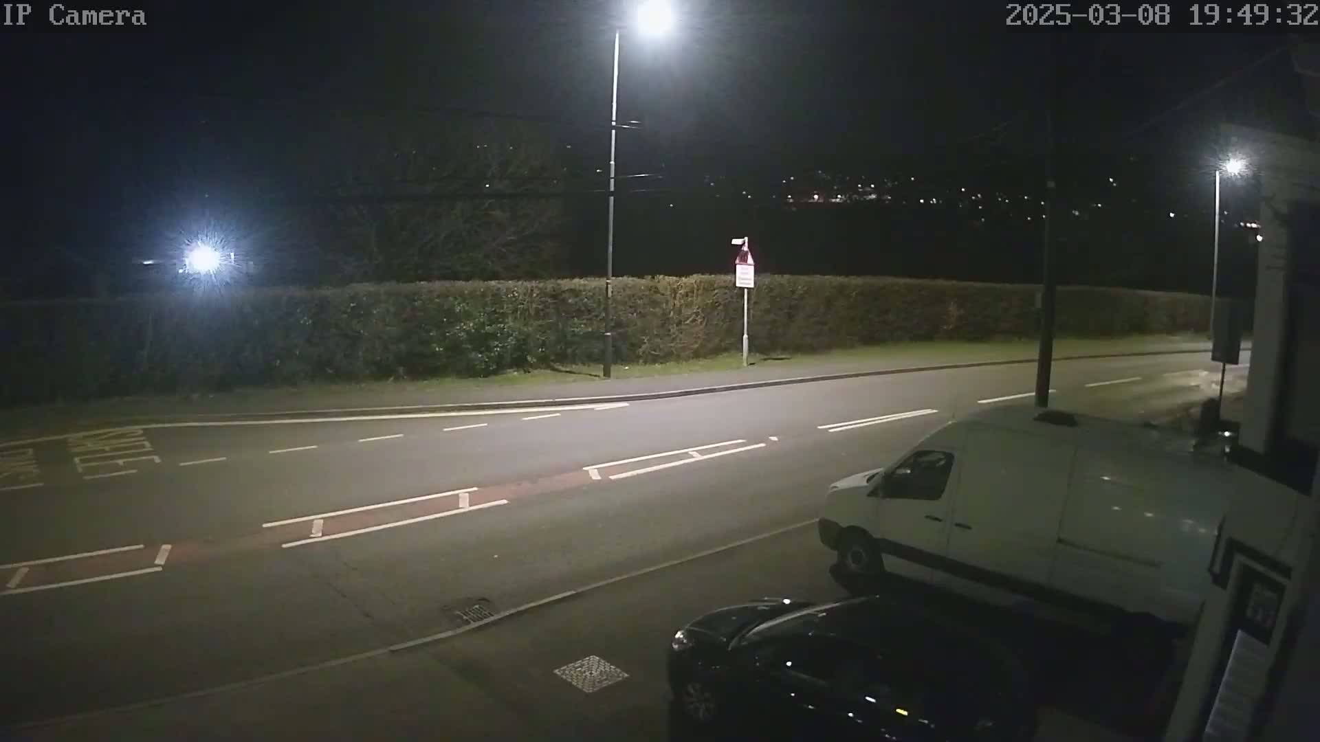 A nighttime street scene shows a white van and a dark-colored car parked near a hedge, under bright streetlights.