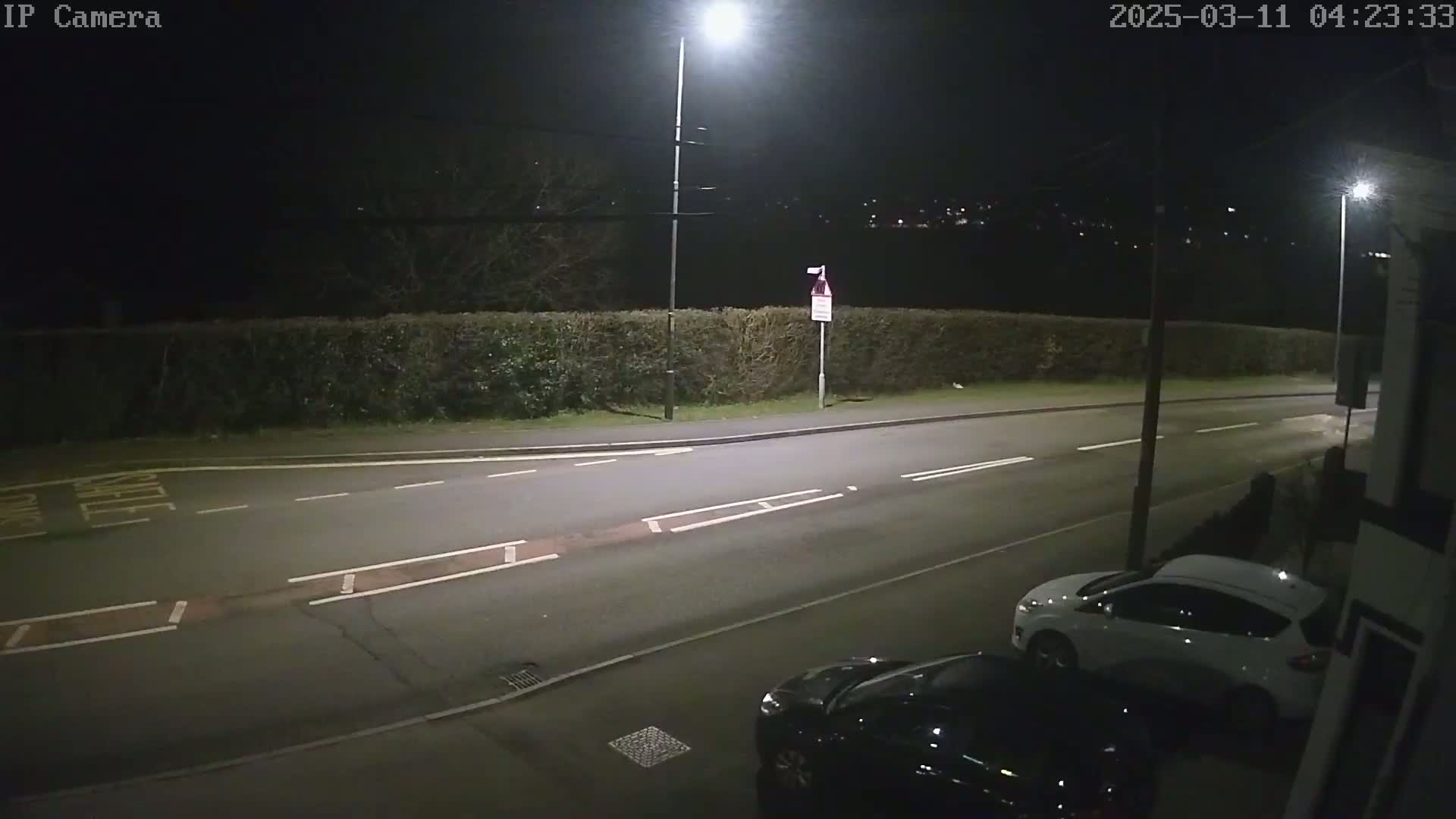 A nighttime street scene shows a road with parked cars, a hedge, and streetlights under a clear, dark sky.