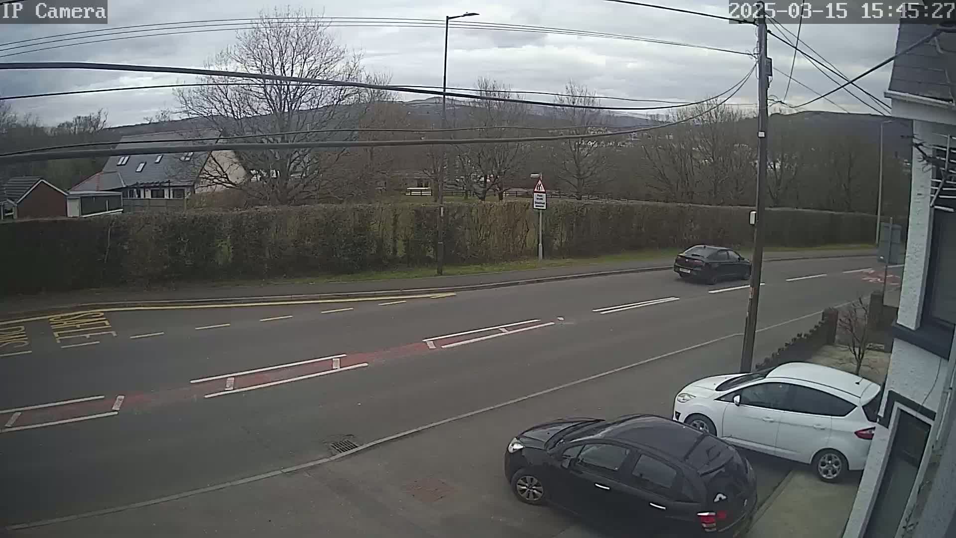 An overcast day reveals two cars parked on a residential street, one dark and one white, with another car driving down the road in the distance; beyond a hedge, houses and hills are visible.