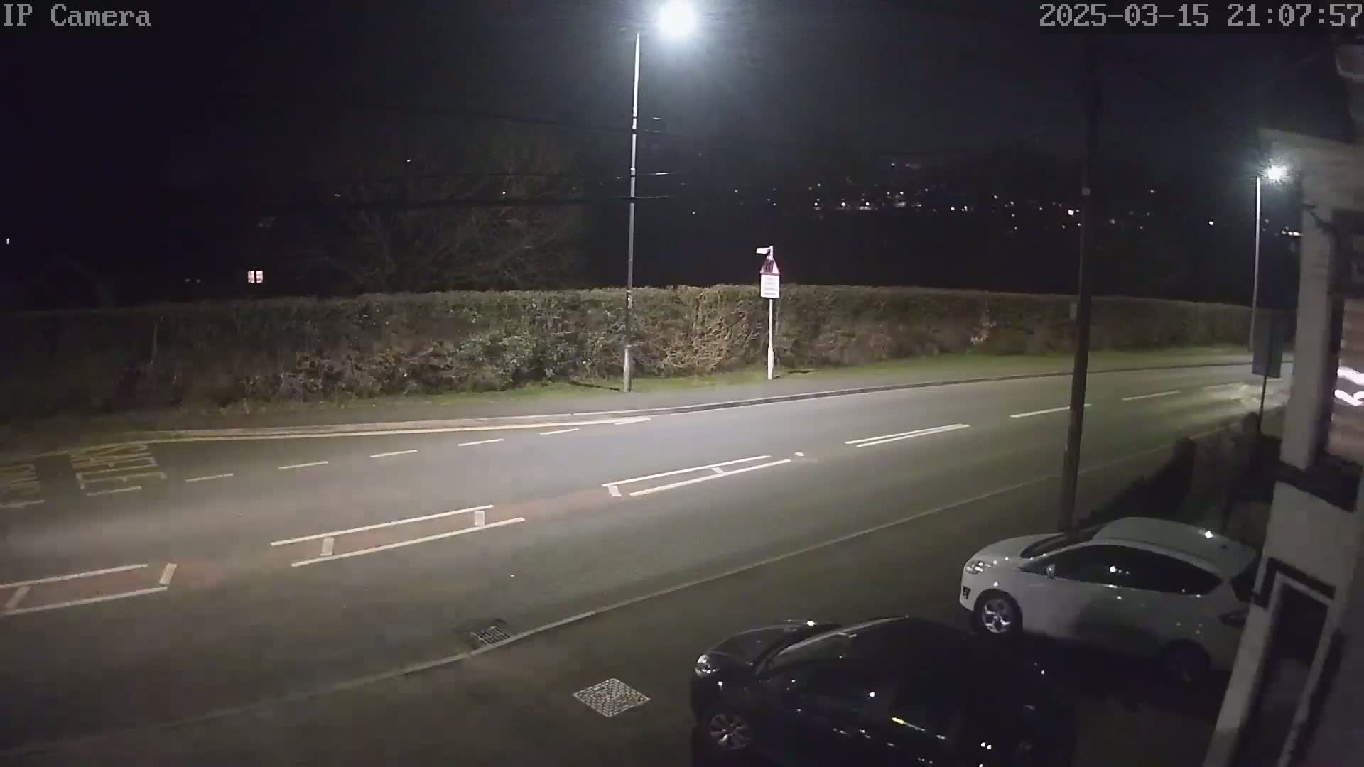 A nighttime street scene shows a road with two parked cars, illuminated by streetlights, beside a hedge and a dimly lit residential area in the background.
