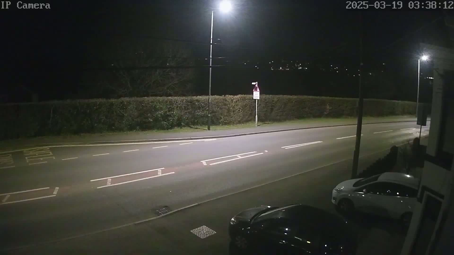 A nighttime street scene shows a road with two parked cars, one white and one dark-colored, next to a hedgerow under bright streetlights.