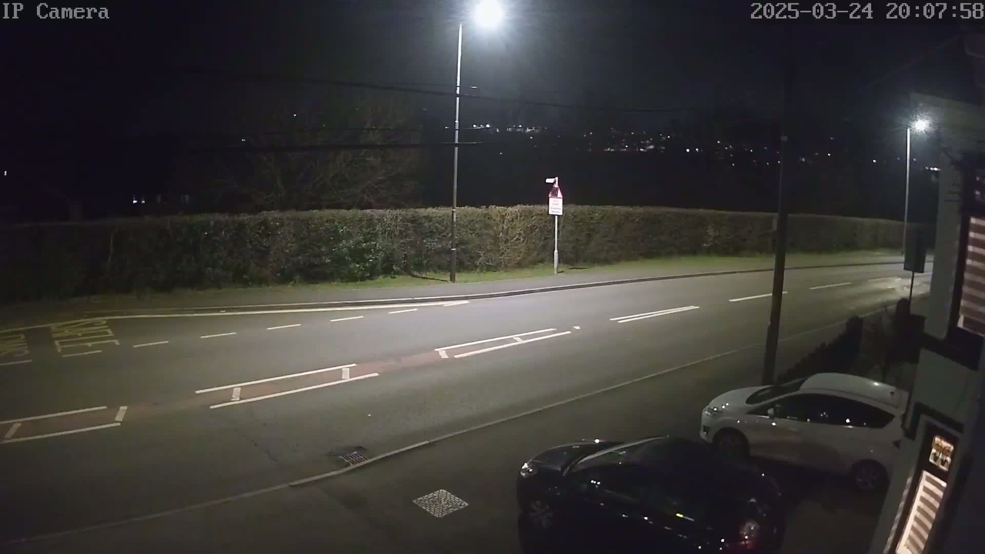 A nighttime street scene shows a road with two cars parked at the side, under illuminated streetlights,  with a hedge and distant houses visible in the background.