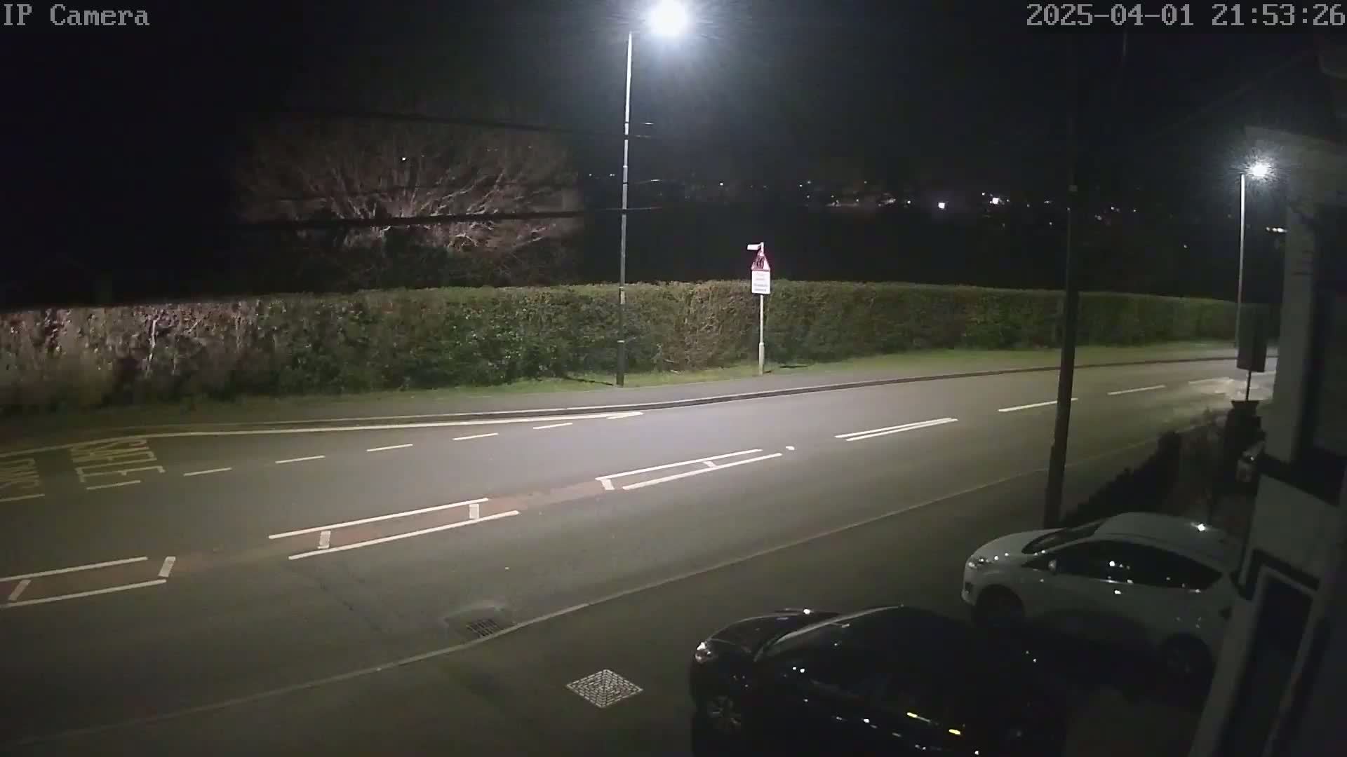 A nighttime, brightly lit street scene shows a road with two parked cars, one white and one black, next to a hedge and some trees under streetlights.