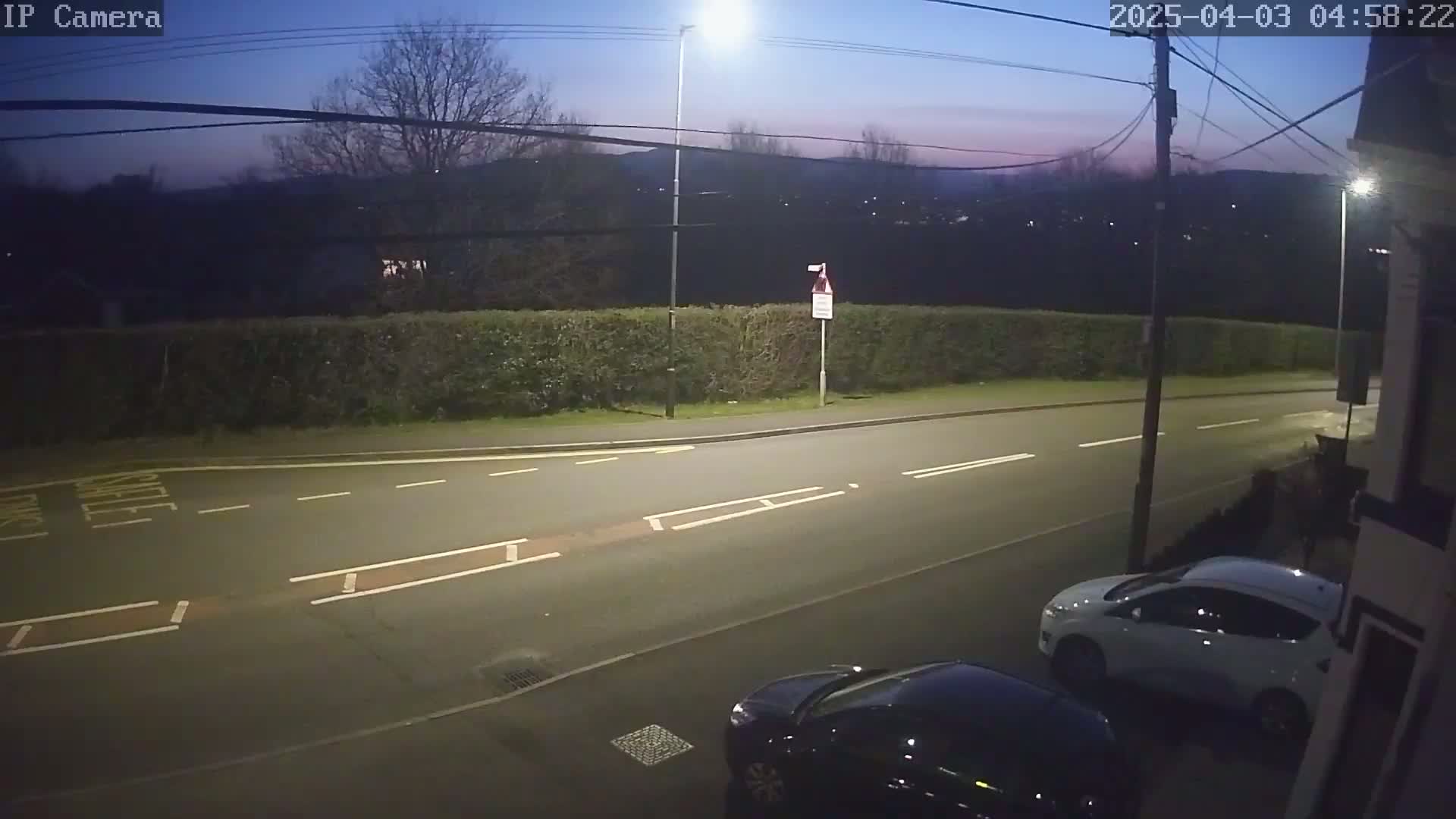 A nighttime view of a residential street, under a twilight sky, shows two cars parked near a hedge and a roadway with painted lane markings.