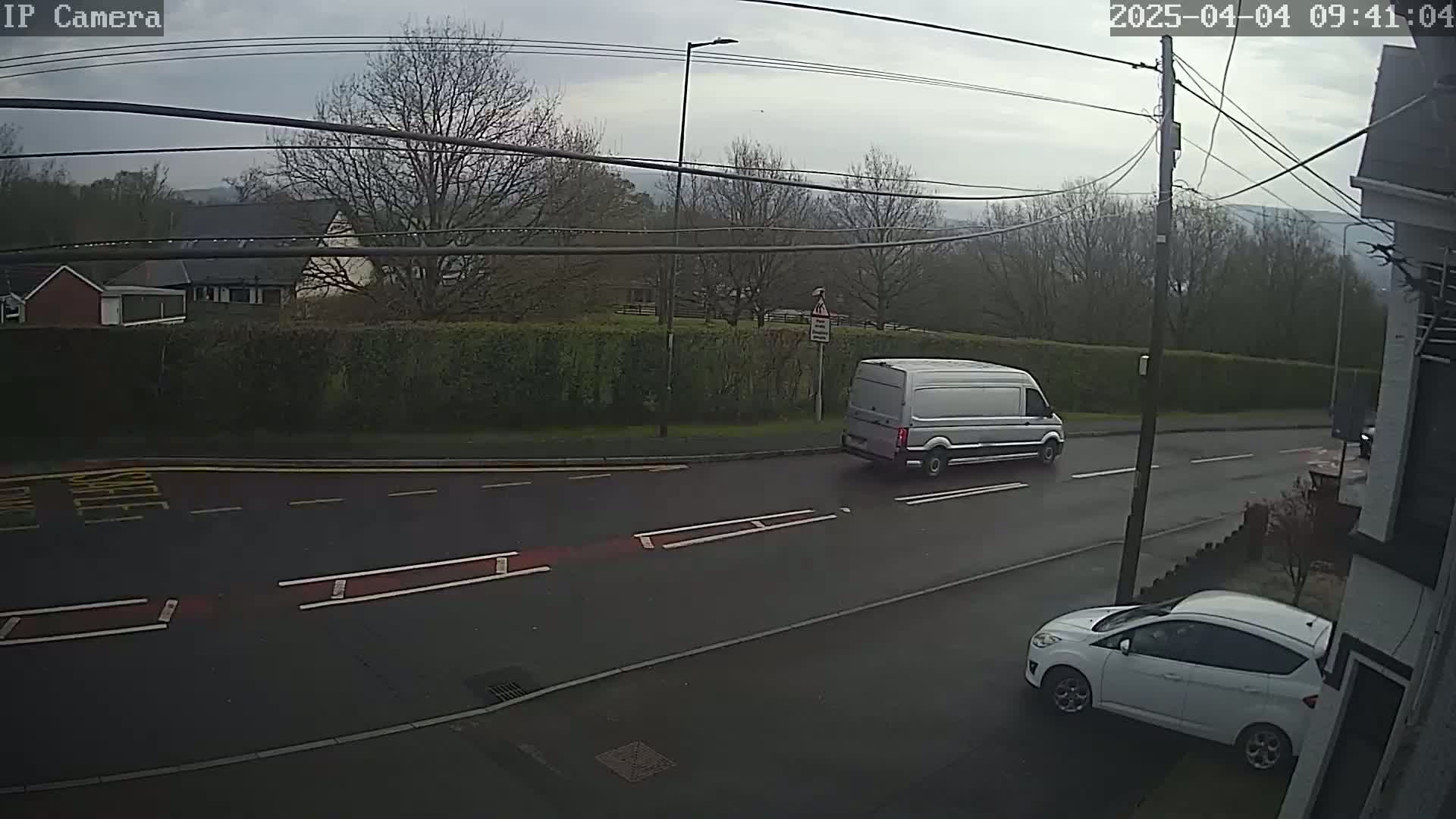 A white van and a white car are on a residential street under an overcast sky.