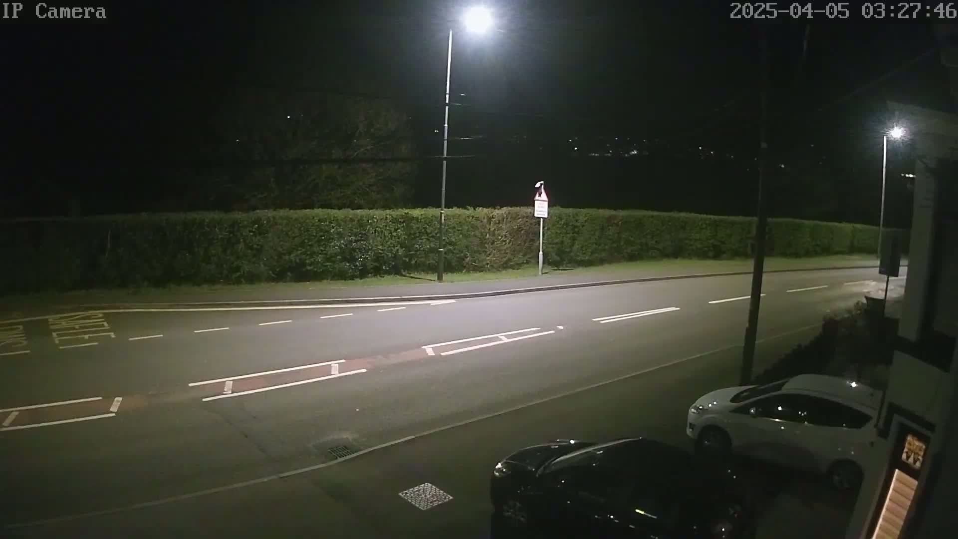 A nighttime, street-level view shows a dark road with white lane markings, a hedge, two cars parked at the side of the road, and streetlights illuminating the scene.