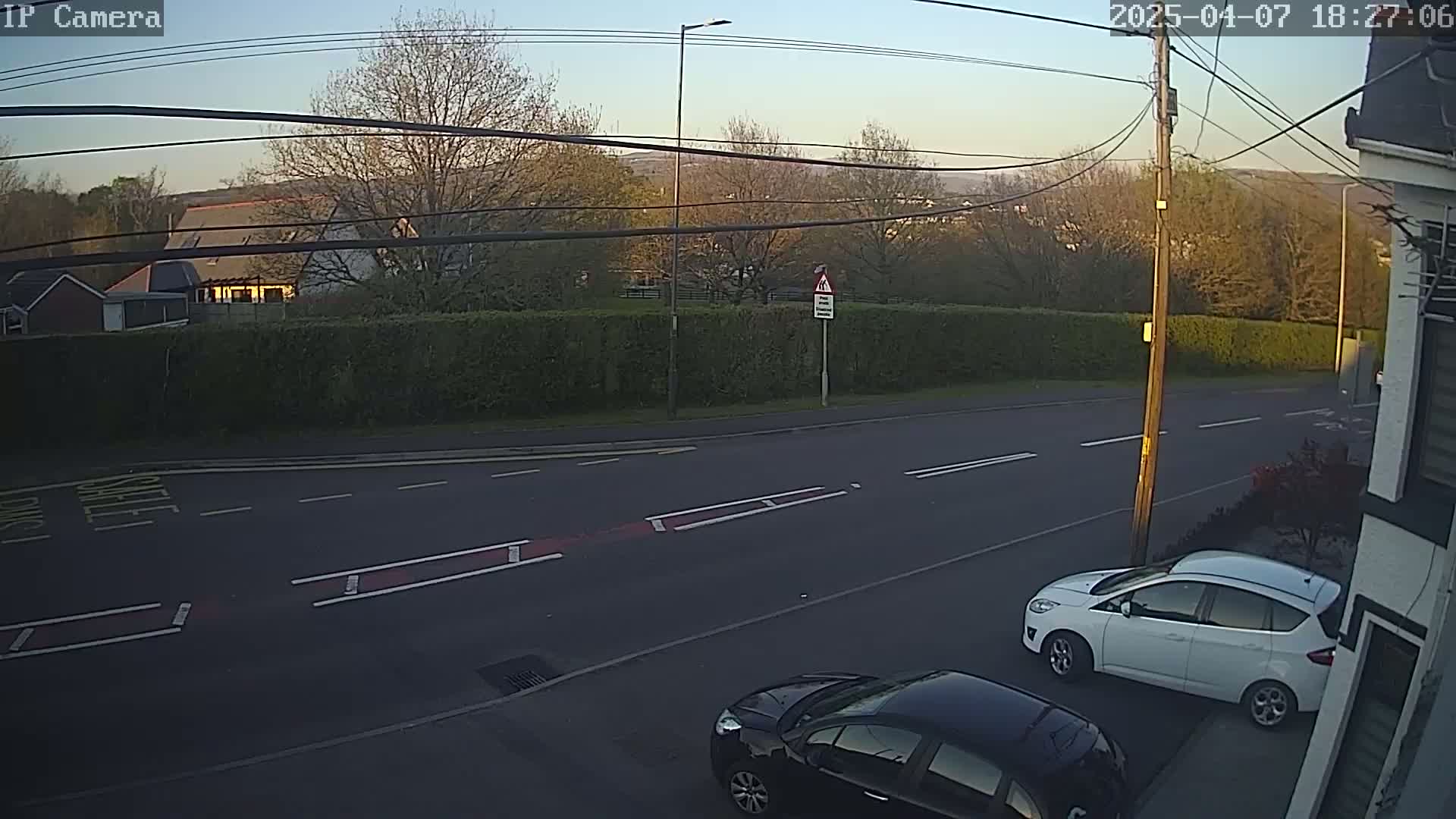 A street scene at sunset shows two parked cars and a road bordered by a hedge and trees.