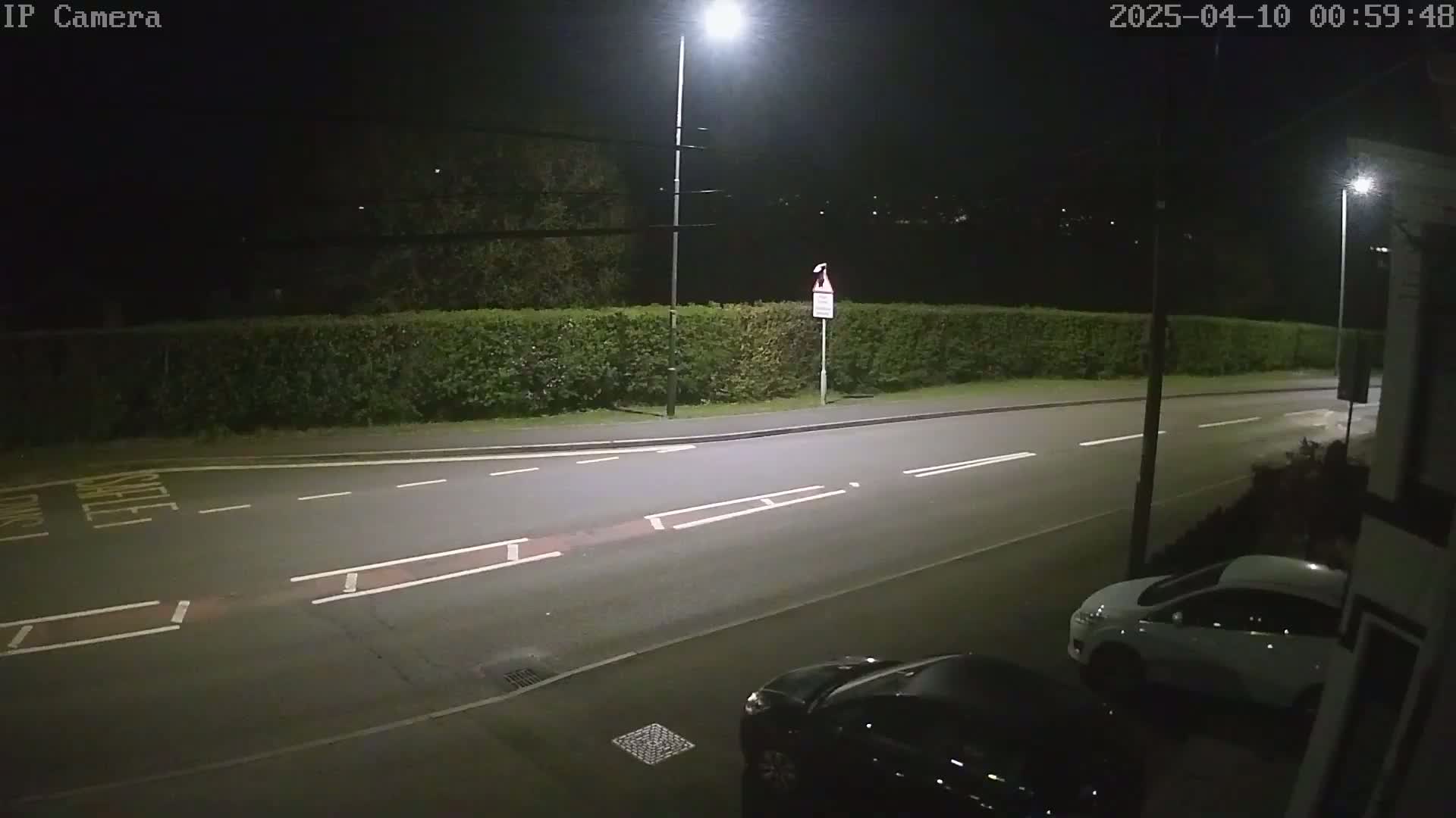 A nighttime, street-level view shows a road bordered by a hedge, illuminated by streetlights, with two cars parked along the roadside.
