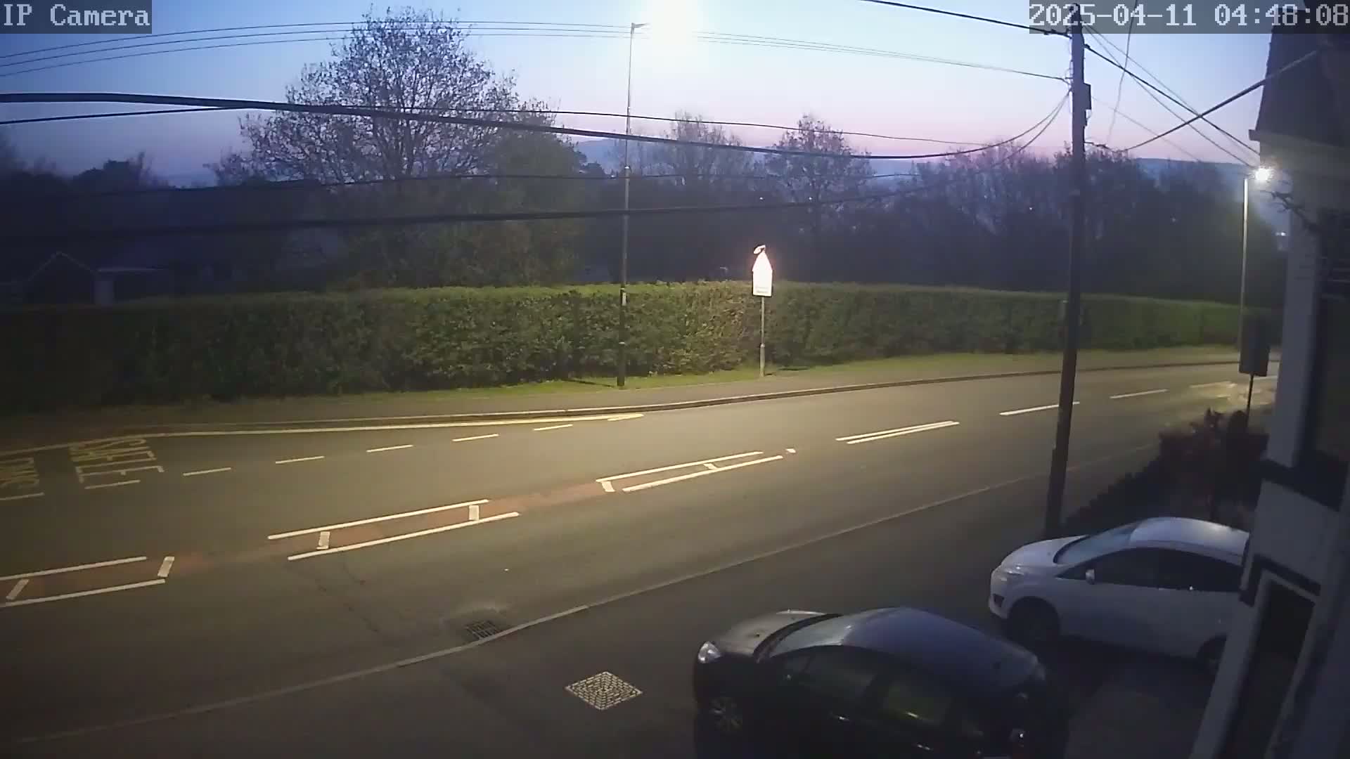 A dark road at twilight is bordered by a hedge and trees, with two cars parked near a house.