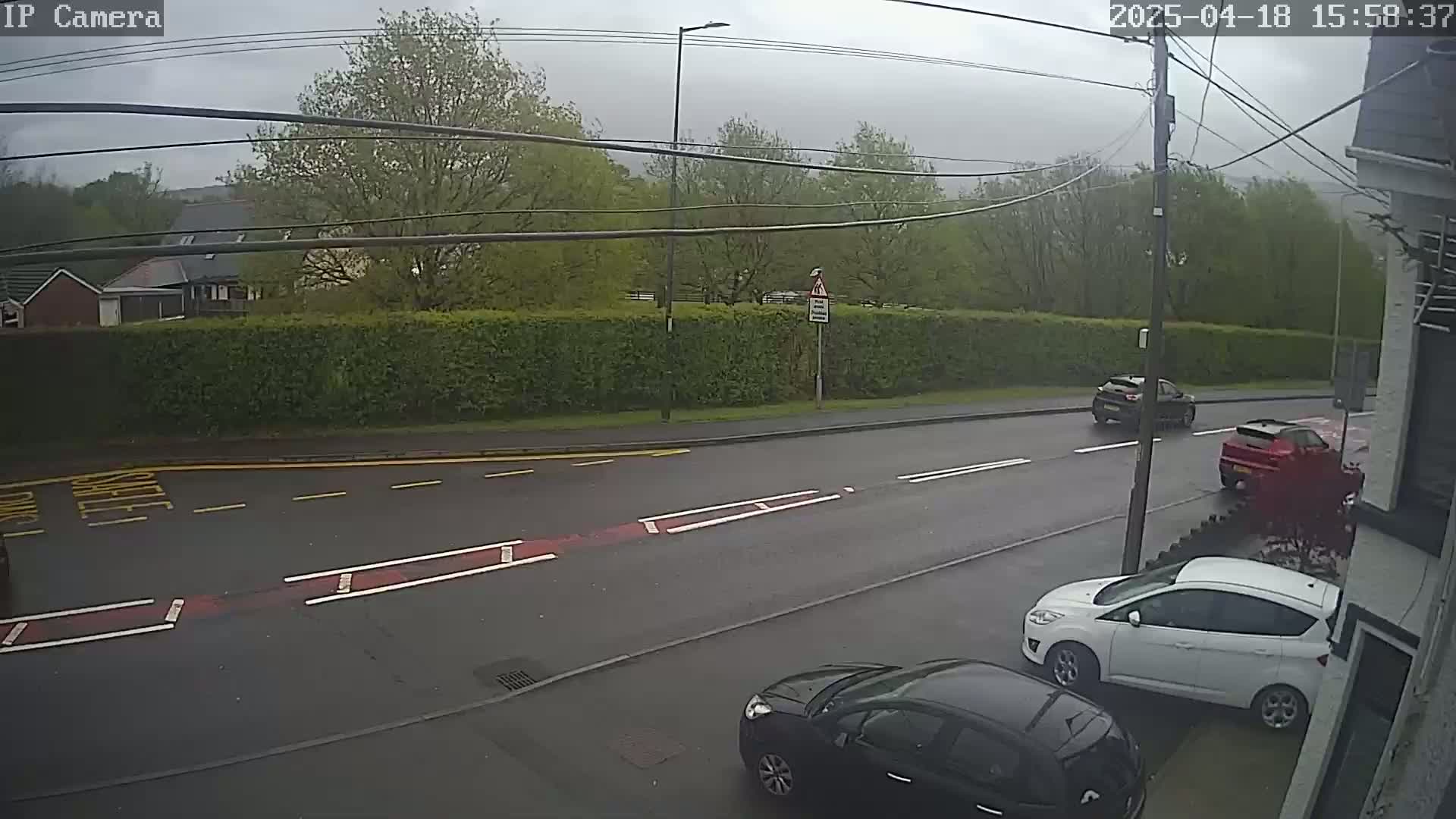 A wet street with several cars, one parked in a driveway, another driving down the road, and two more parked on the opposite side of the street, is observed under an overcast sky, surrounded by greenery and buildings in the background.