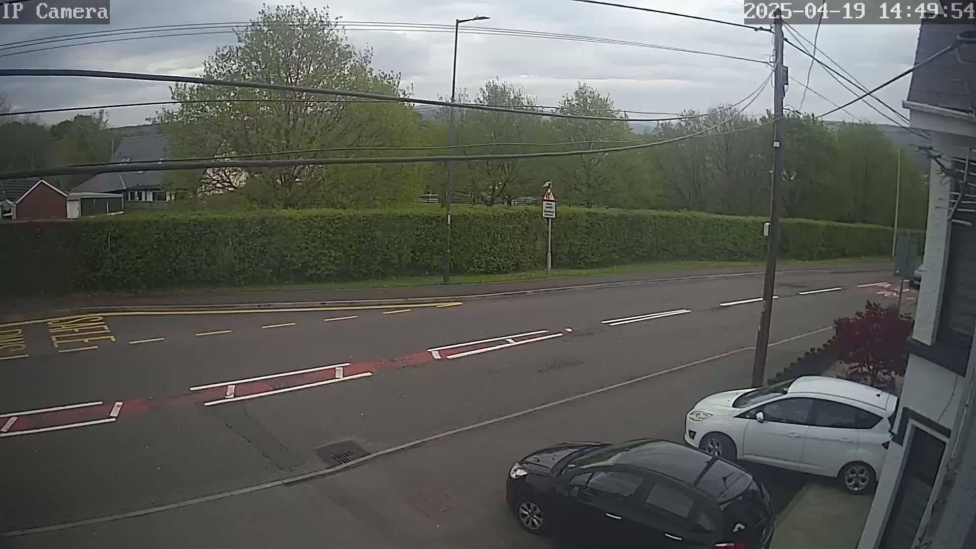 A cloudy day shows a street scene with two cars parked along a road lined with a tall hedge and trees beyond.