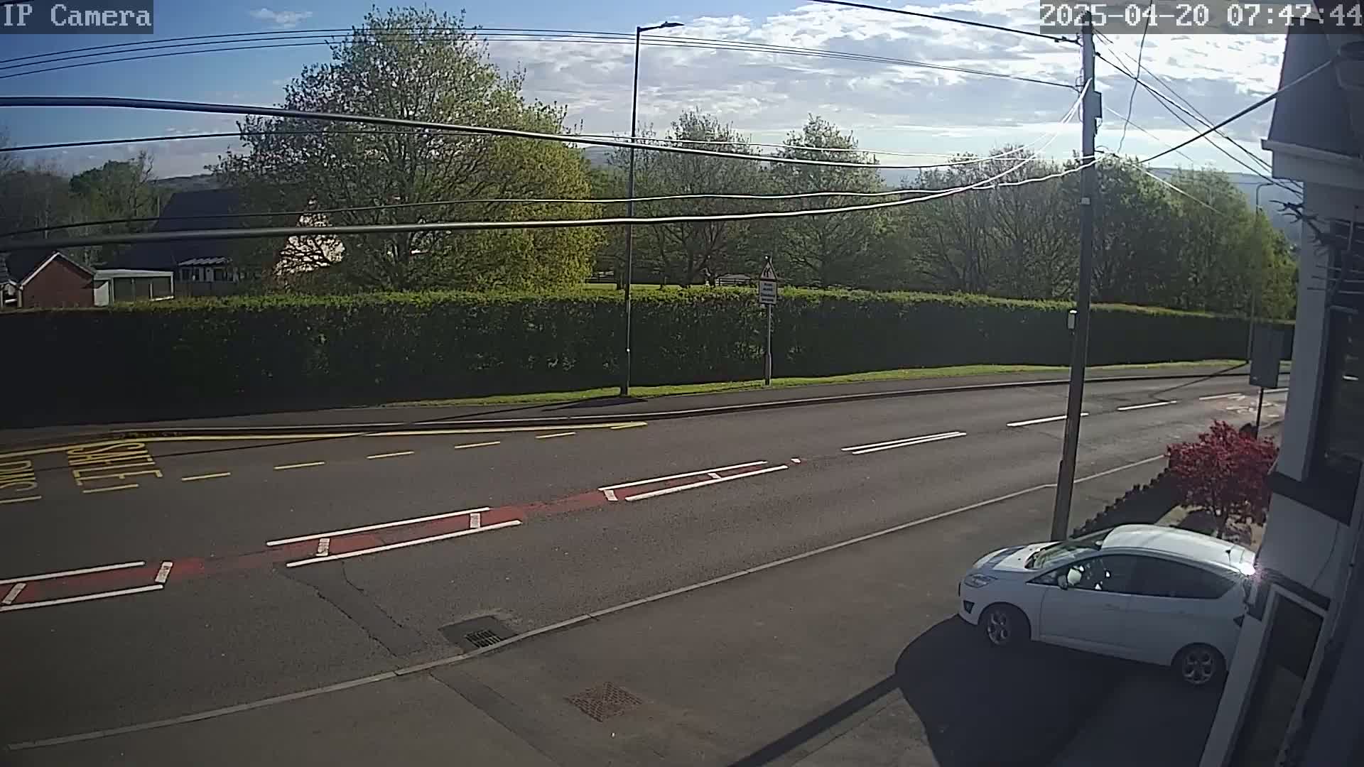 A sunny day shows a white car parked on the side of a road, with a hedge and trees in the background.
