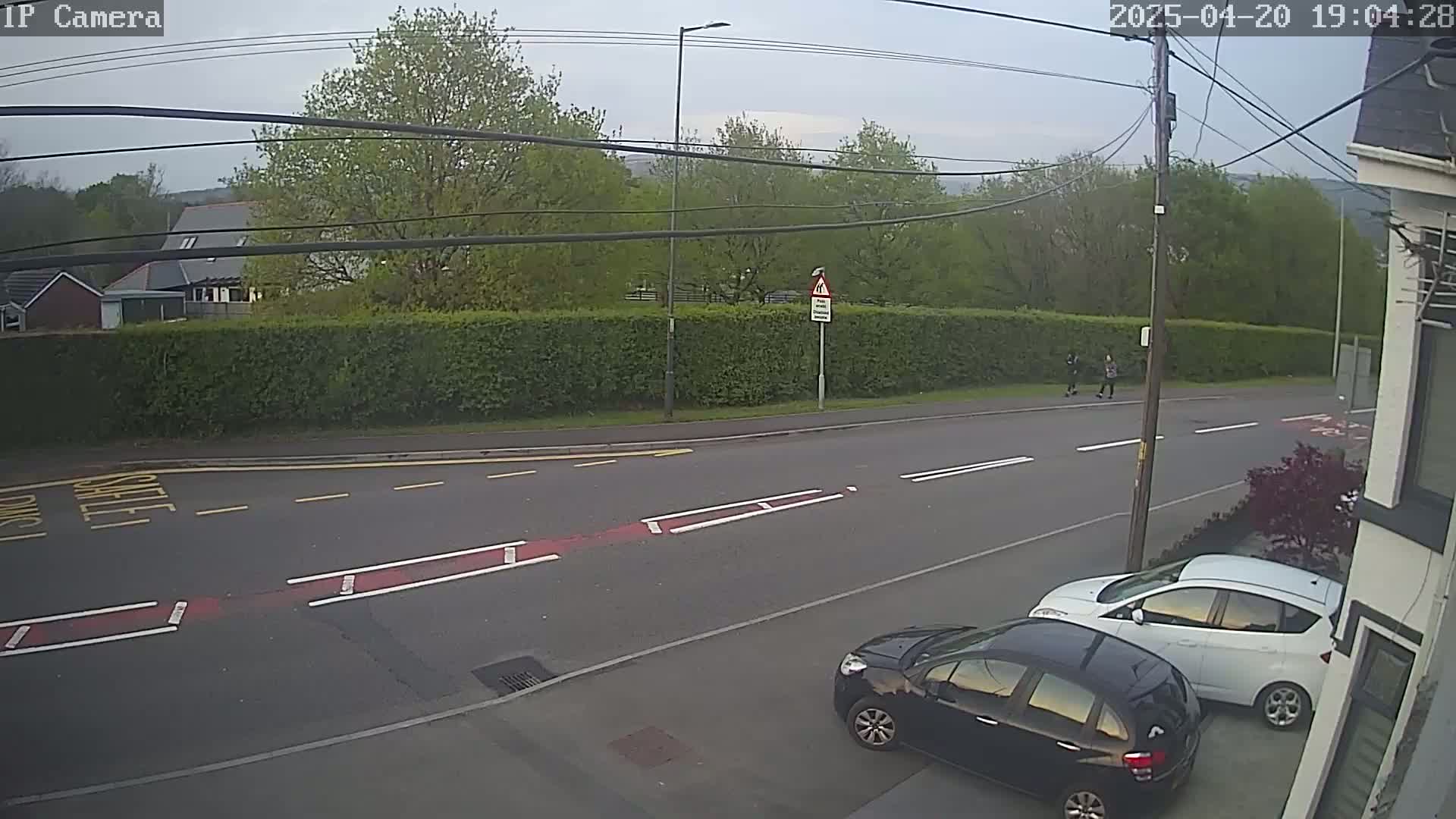 Two people walk down a street lined with a tall hedge, past two parked cars, under an overcast sky.