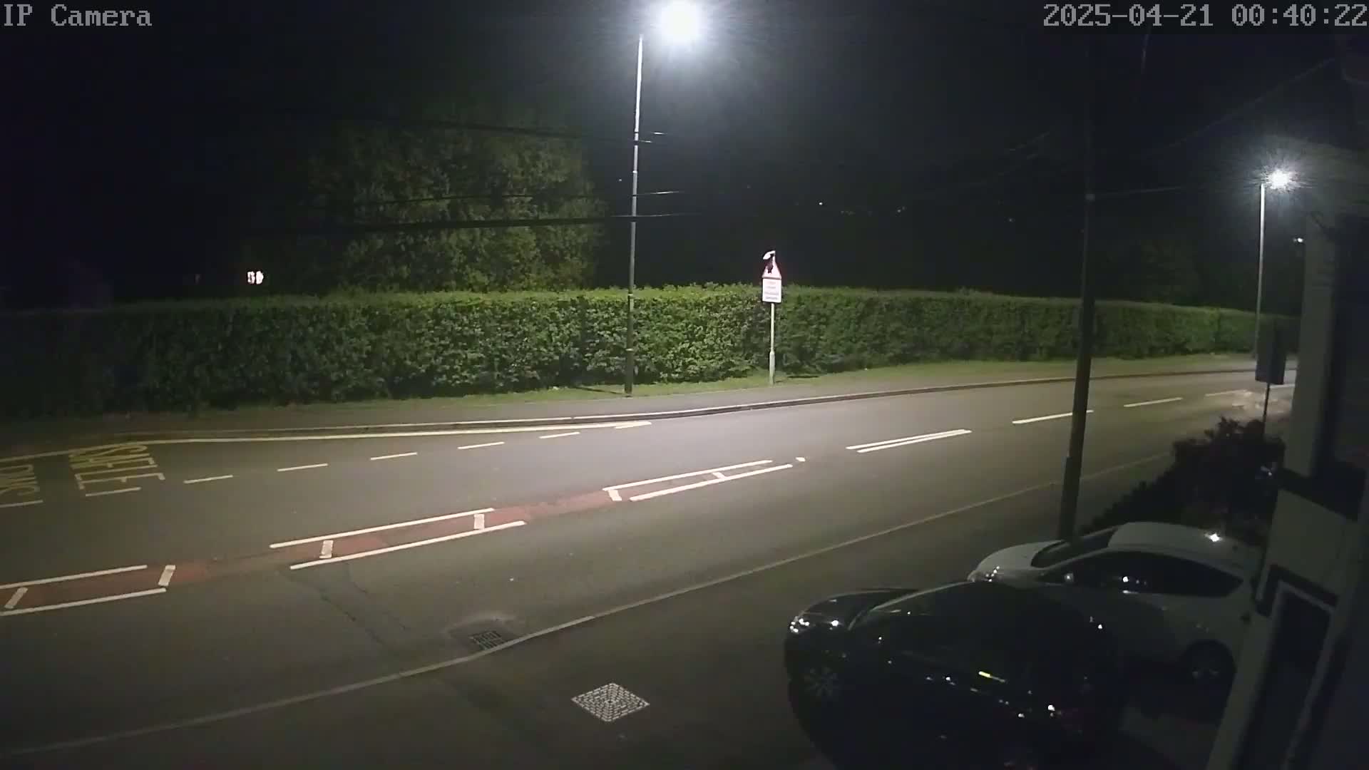 A nighttime view of a street with two parked cars, lit by streetlights, bordered by a hedge.