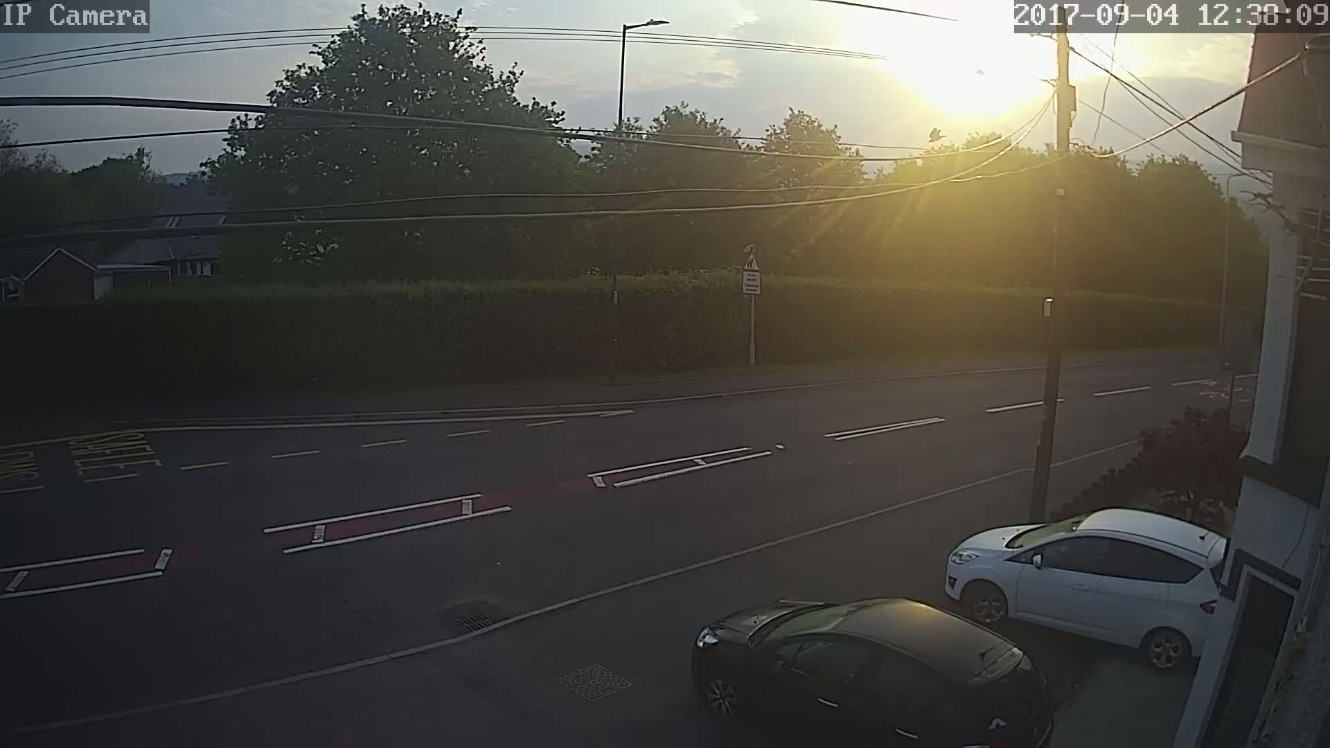 Two cars are parked on the side of a road at sunset, with a hedge and trees lining the street.