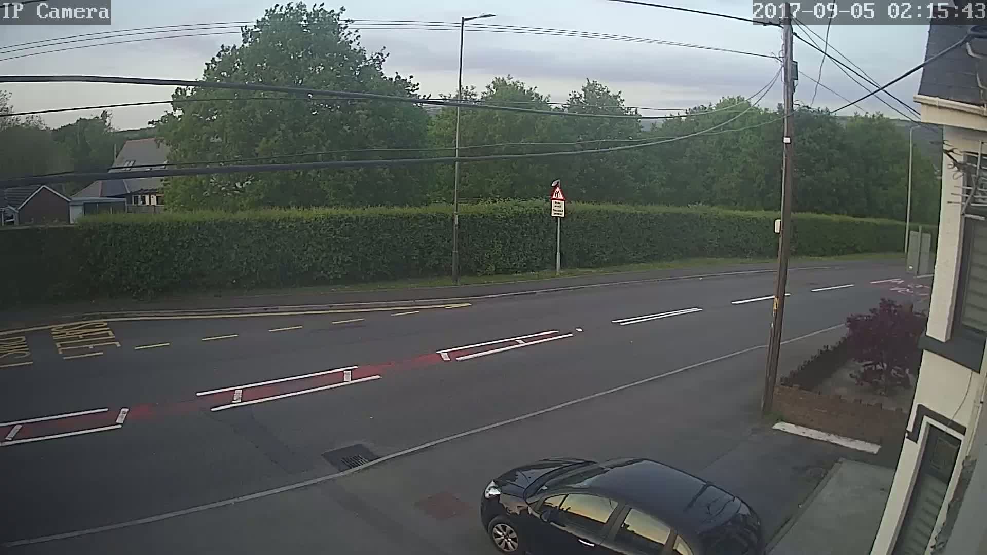 A dark-colored car is parked near a house on a relatively empty road under an overcast sky, with lush green trees and hedges lining the street.