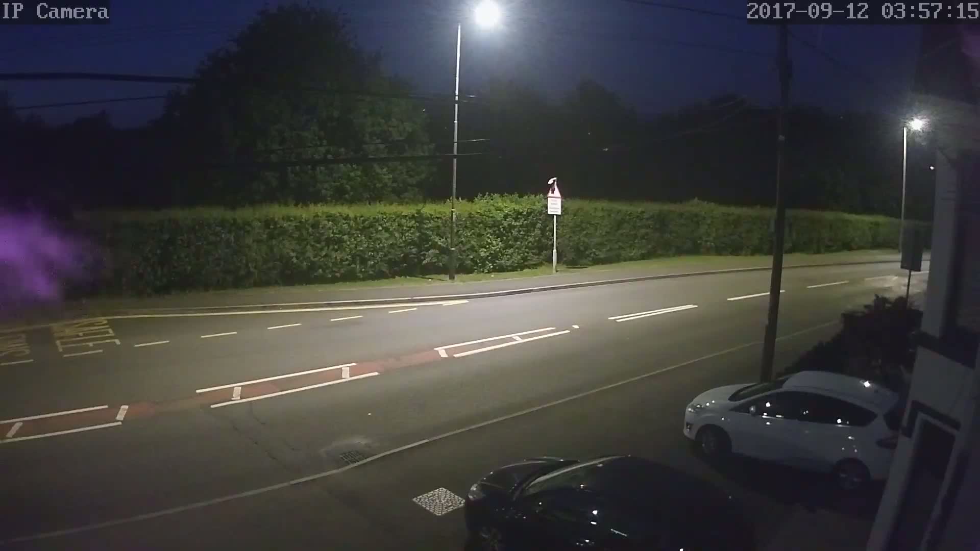 A dark road at night, lit by streetlights, shows two cars parked along the curb, with a hedge and trees lining the far side.
