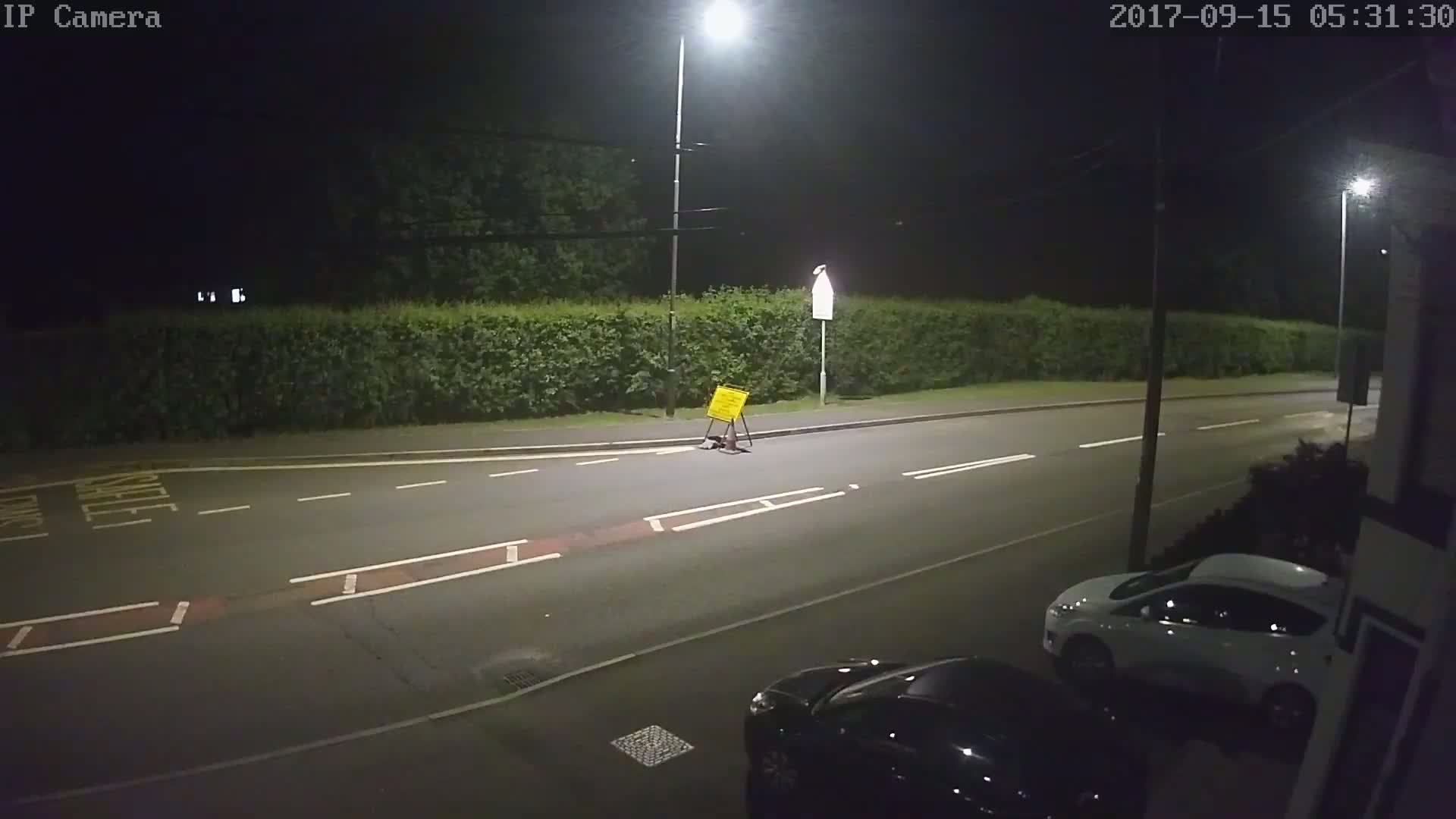 A nighttime street scene shows a road with two parked cars, a fallen yellow road sign, and a hedge.