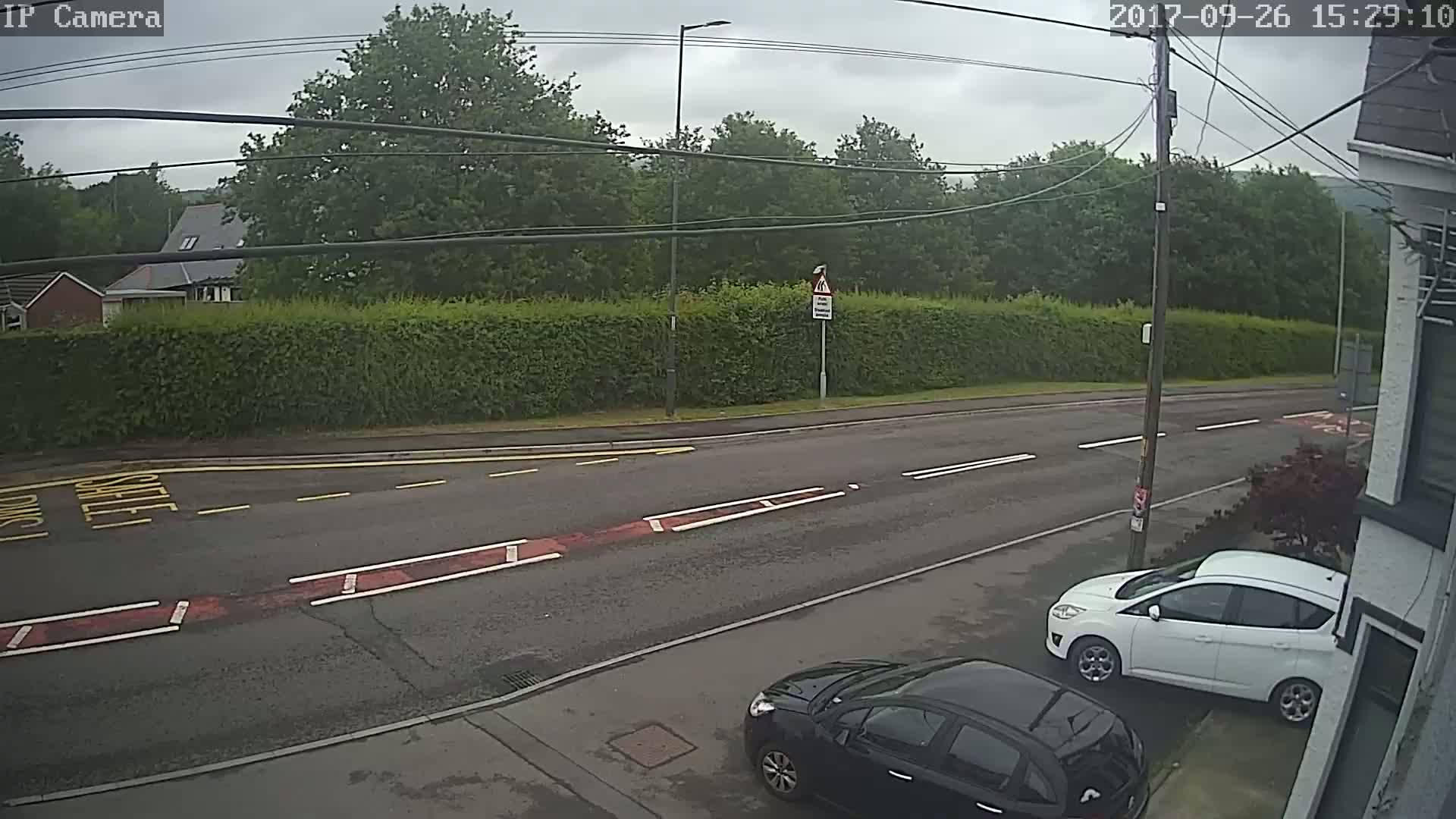 A wet road with two cars parked alongside it, bordered by a hedge and trees under an overcast sky.