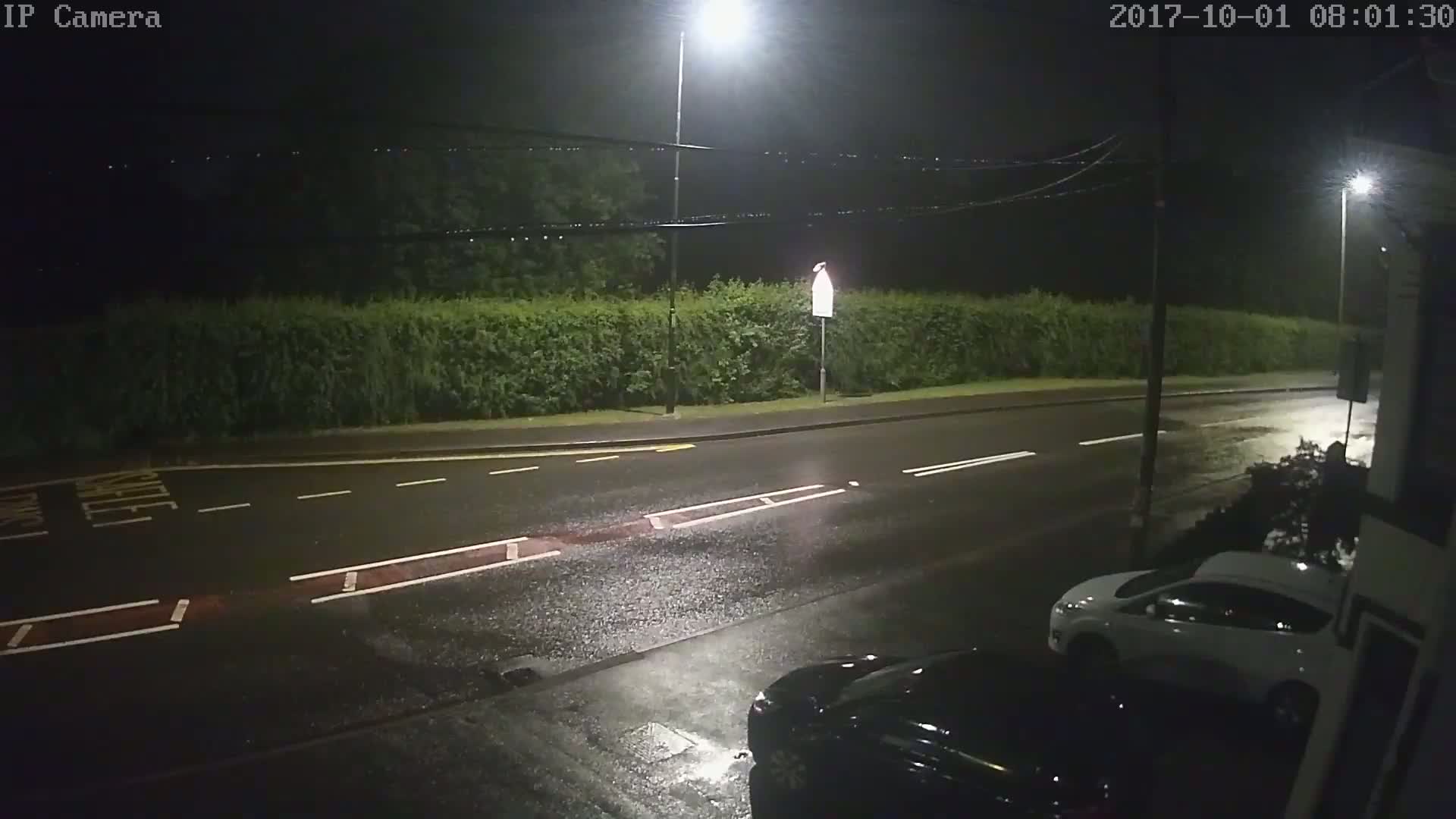 A wet, nighttime street scene shows a road with white lane markings, a hedge, streetlights, and two parked cars under a light rain.