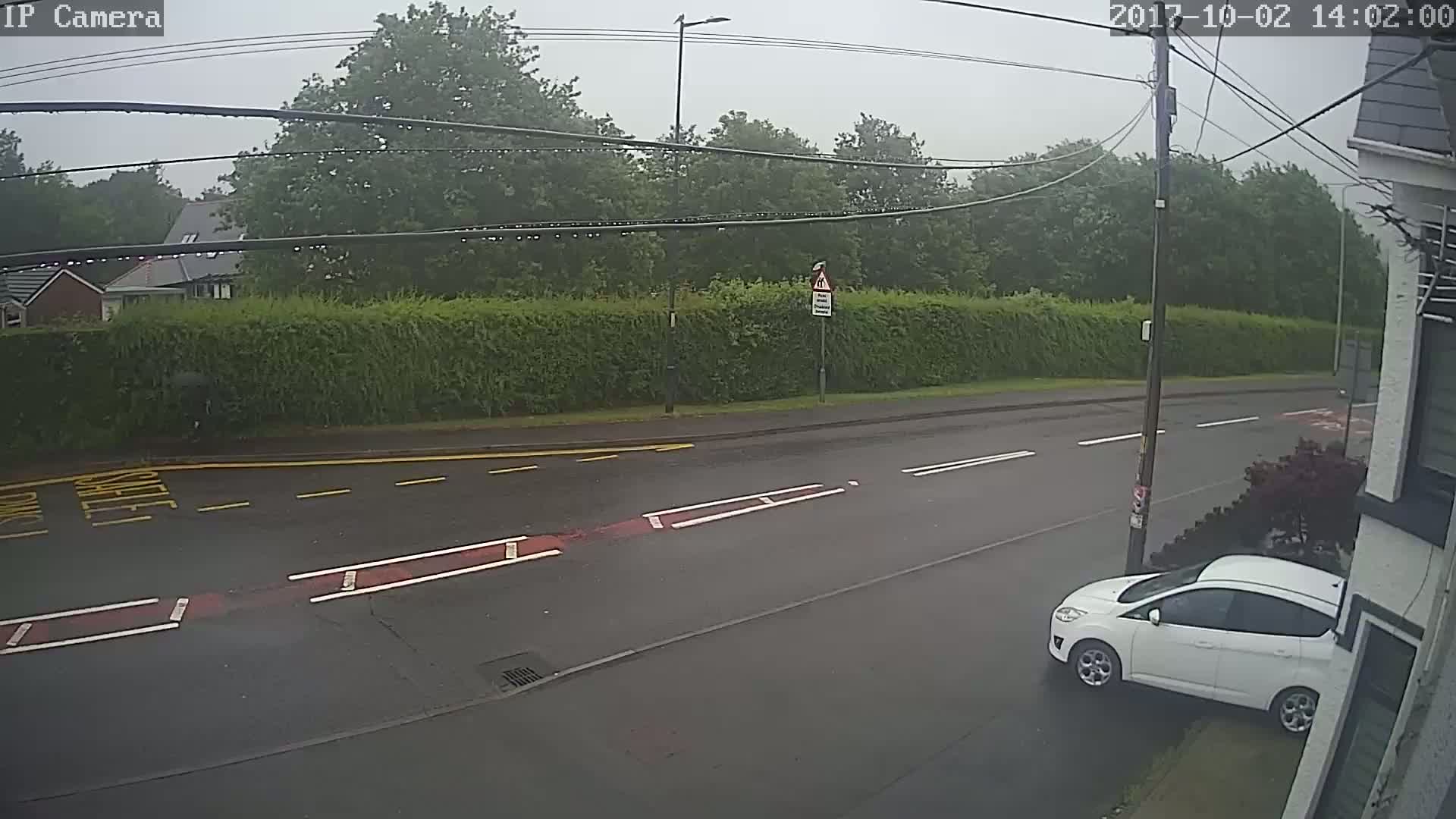 A wet, gray day shows a white car parked at the curb of a road lined with a hedge and trees.