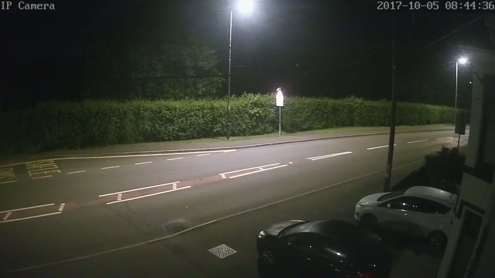 A nighttime view of a street with two cars parked on the side, illuminated by streetlights, next to a hedgerow.
