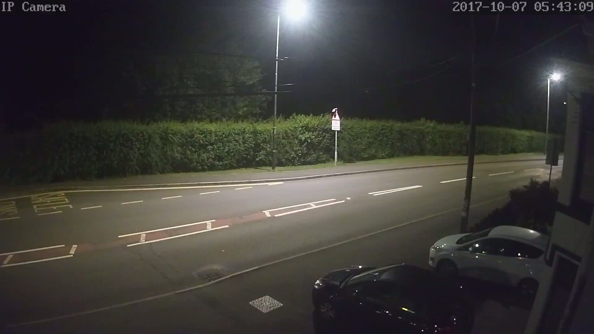 A nighttime street scene shows a road with two parked cars, illuminated by streetlights, beside a hedge.