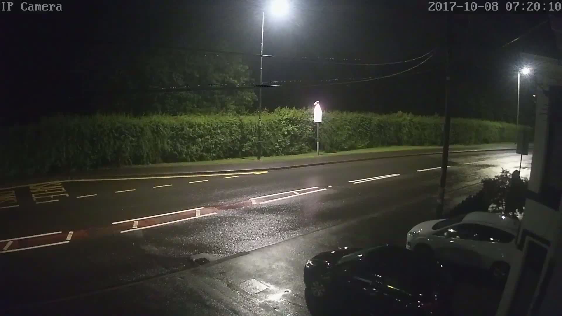 A rain-slicked road at night is shown, with two cars parked alongside a hedge and streetlights illuminating the scene.