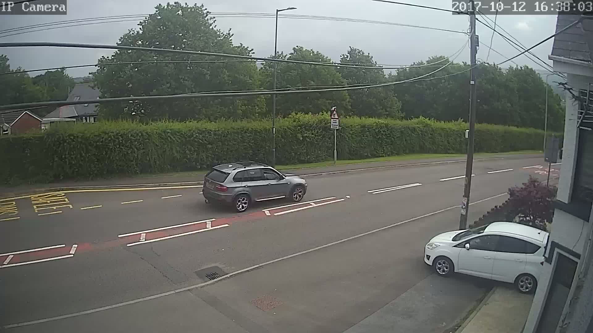 A gray SUV and a white hatchback are on a road, under an overcast sky, with green hedges and trees in the background.