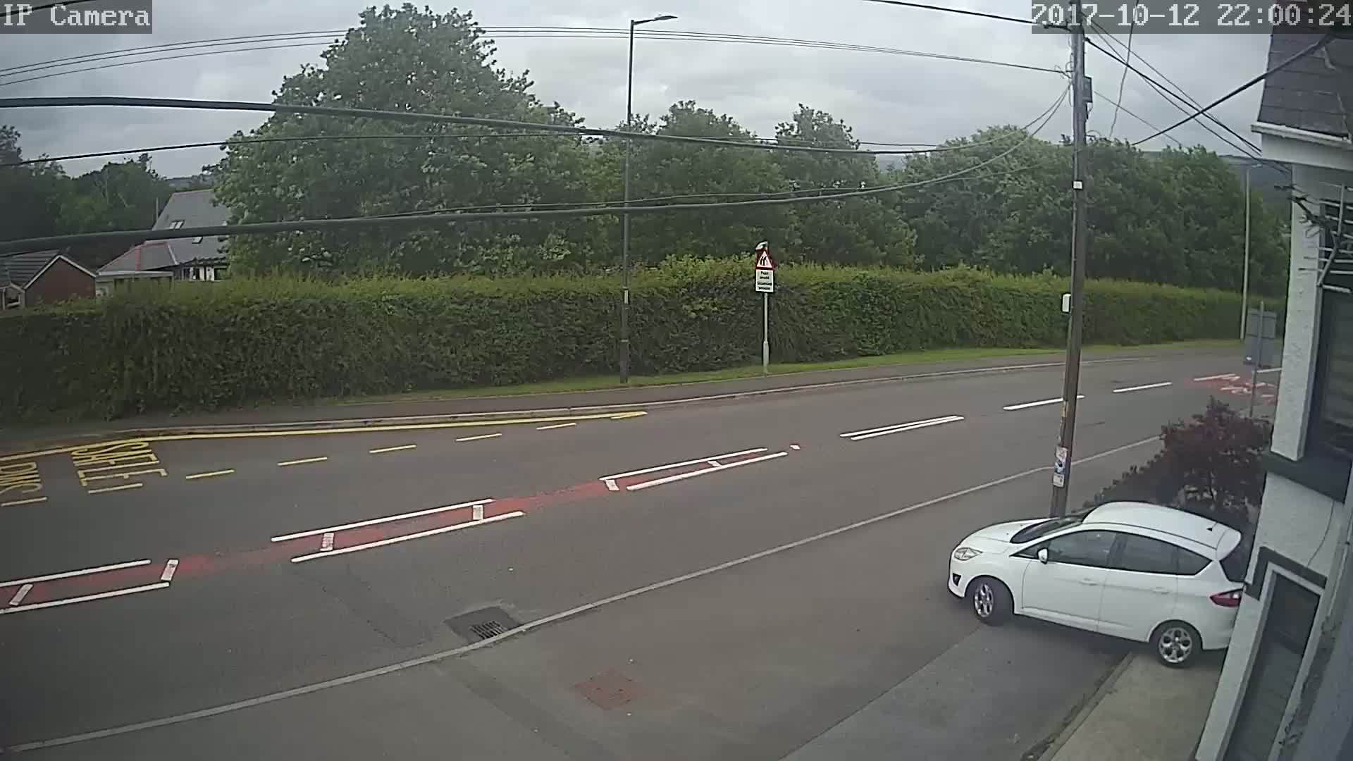 A white car is parked on the side of a road, under an overcast sky, next to a tall hedge and some trees.