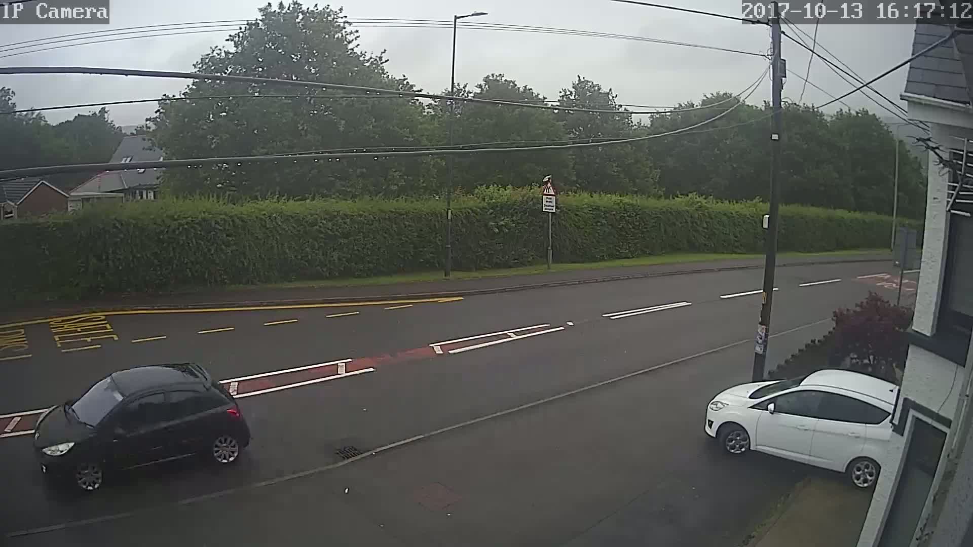 A rainy day shows two cars, one black and one white, parked on either side of a street lined with green hedges and trees.
