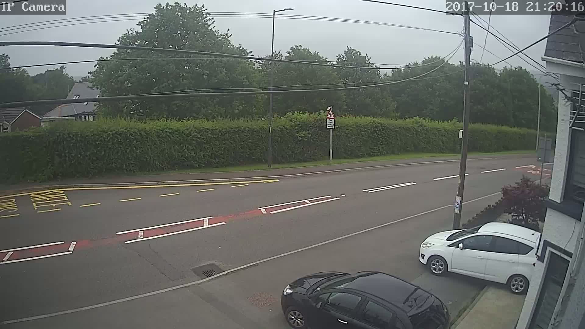 A street scene on an overcast day shows a road with white and yellow lane markings, a hedge, trees, and two parked cars; one white and one black.