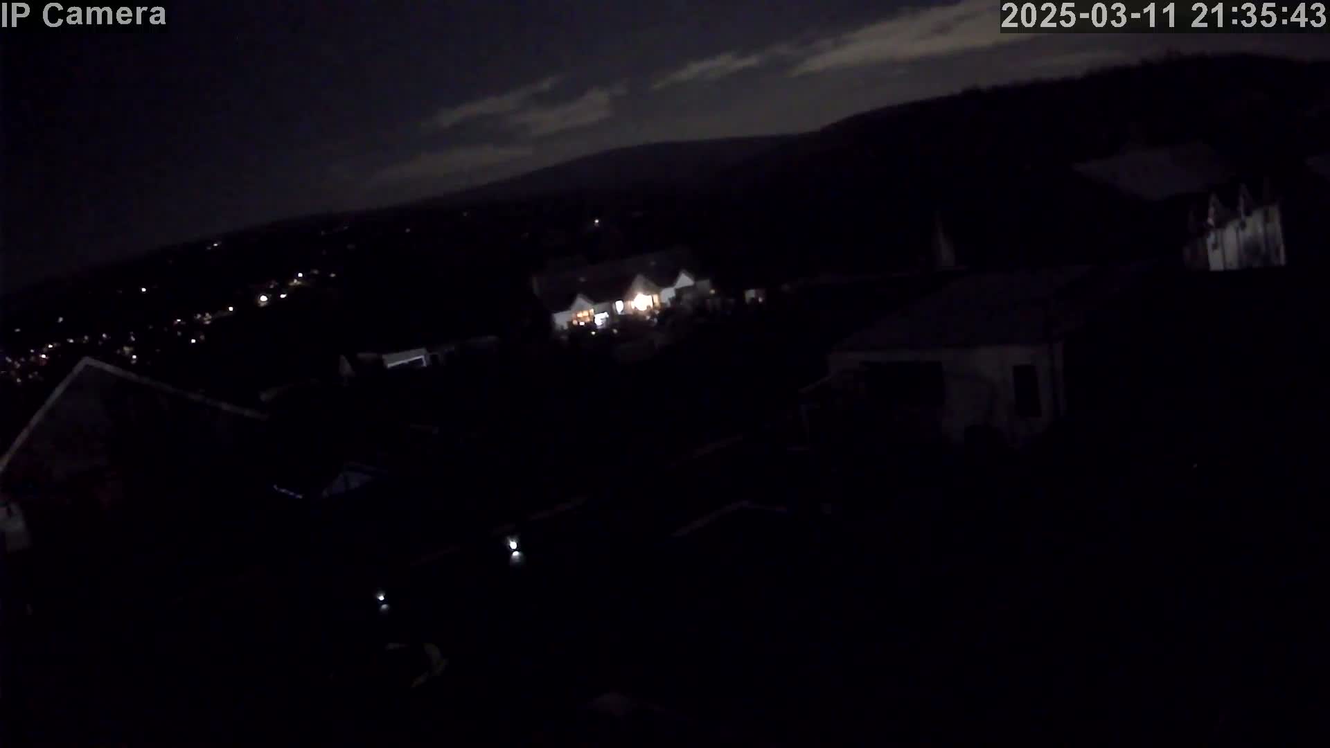 A nighttime, low-light view of a dimly lit area with some structures and a gathering of people, under a partly cloudy sky.