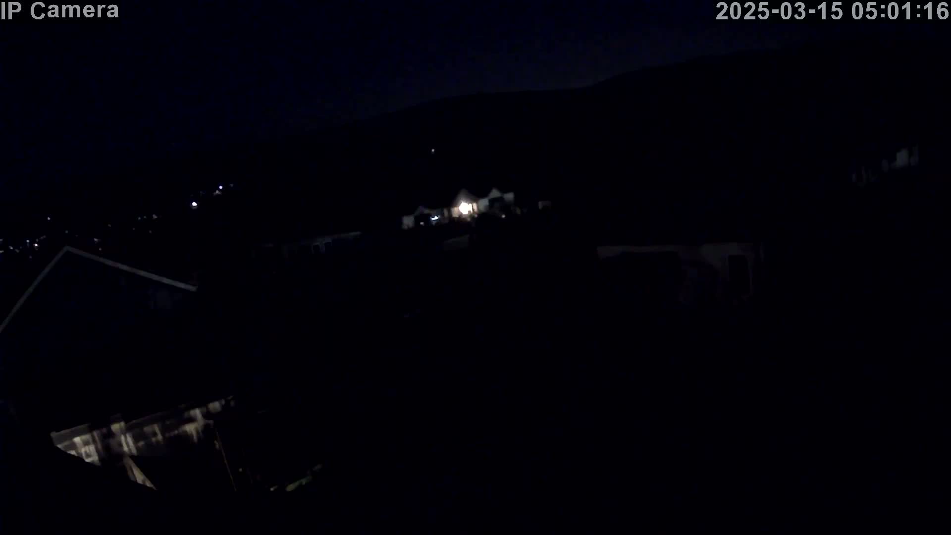 A nighttime, low-light view shows a residential area with dimly lit houses and a dark sky.