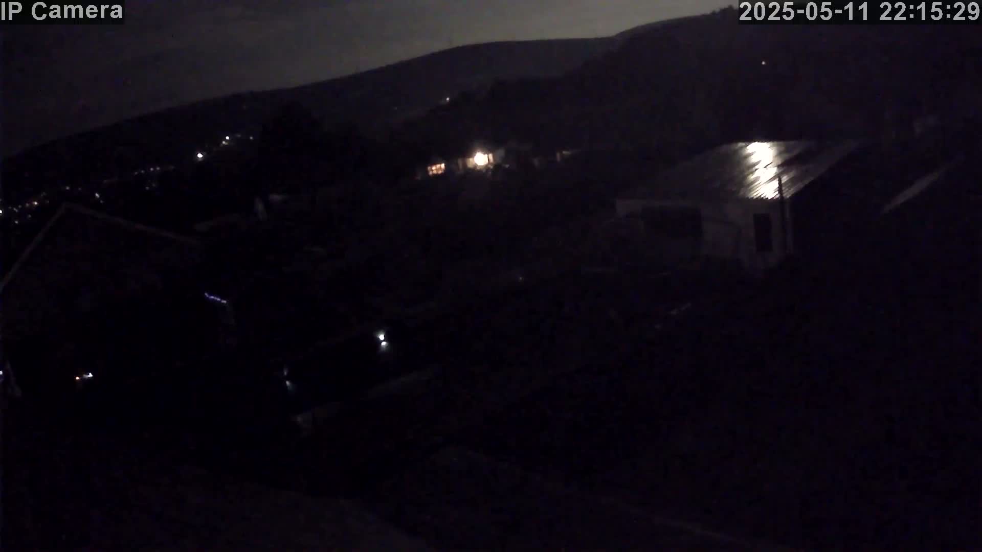 A nighttime, low-light view of a residential area with a few illuminated buildings and a dark, possibly overcast sky.