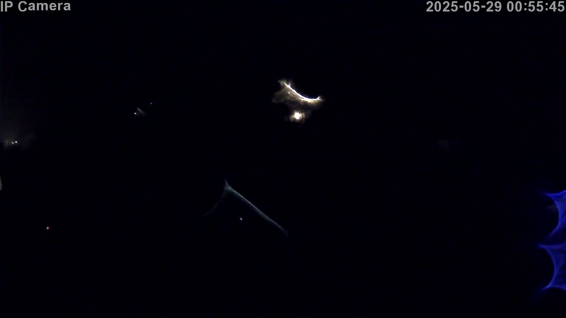 A crescent moon is visible in a dark night sky.