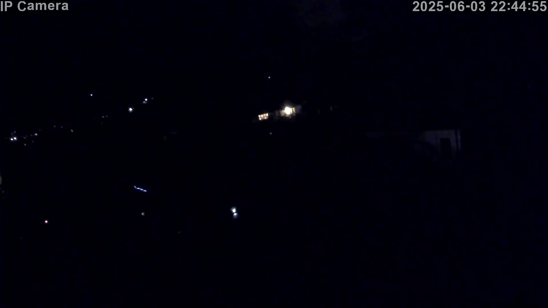 A nighttime, low-light view of a dark landscape with a few scattered lights visible in the distance.