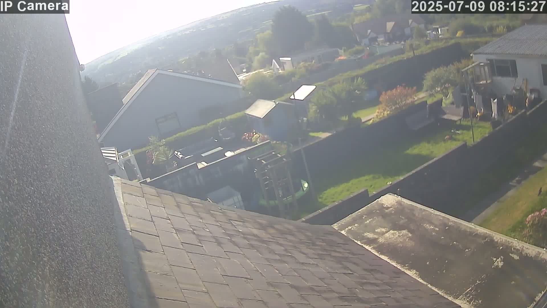 A hazy view from a rooftop shows several houses and gardens, with a partially visible green object in one yard.