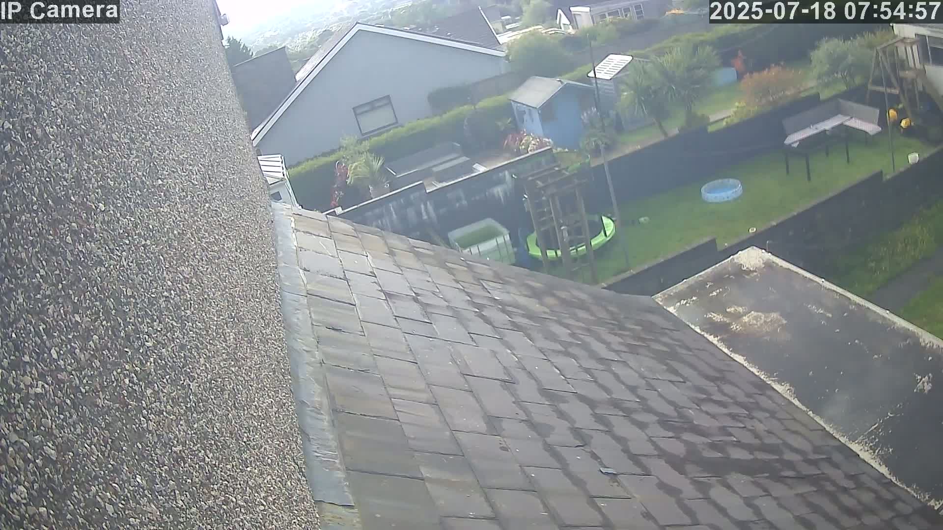 A wet slate roof slopes down toward a backyard with a trampoline, a small pool, and a shed on an overcast day.