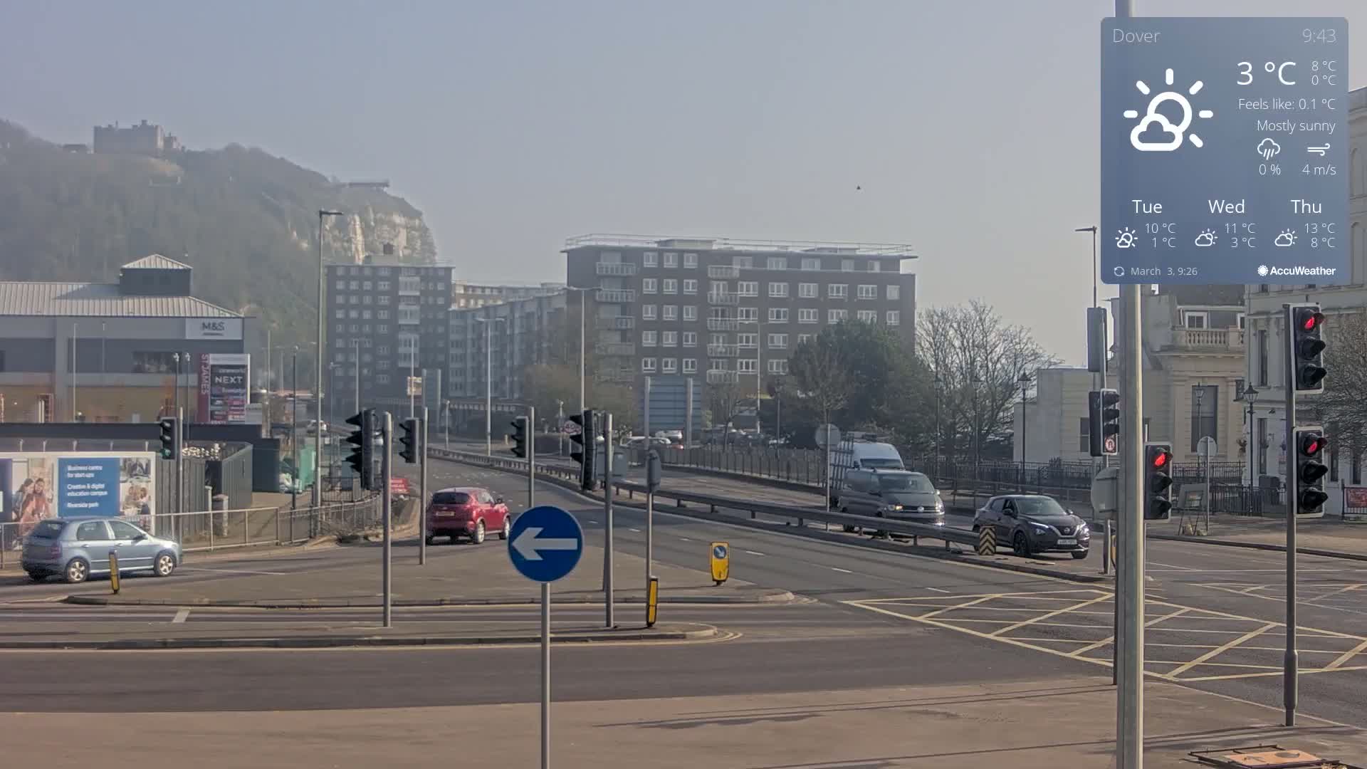 A mostly sunny, hazy day shows a traffic intersection with several cars and a van, near buildings and a hill with a castle in the distance.