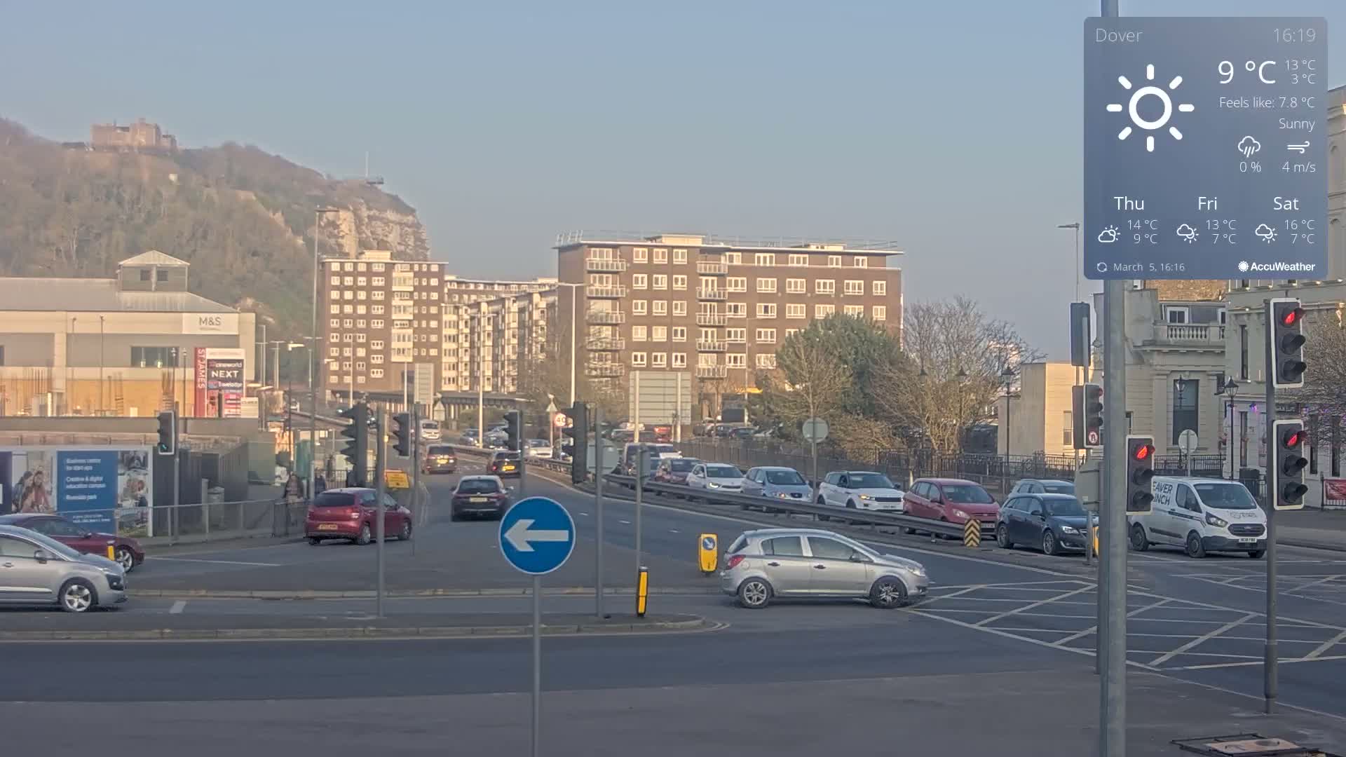 A sunny, 9°C day shows a multi-lane road intersection with numerous cars, buildings, and a hilltop castle in the background.