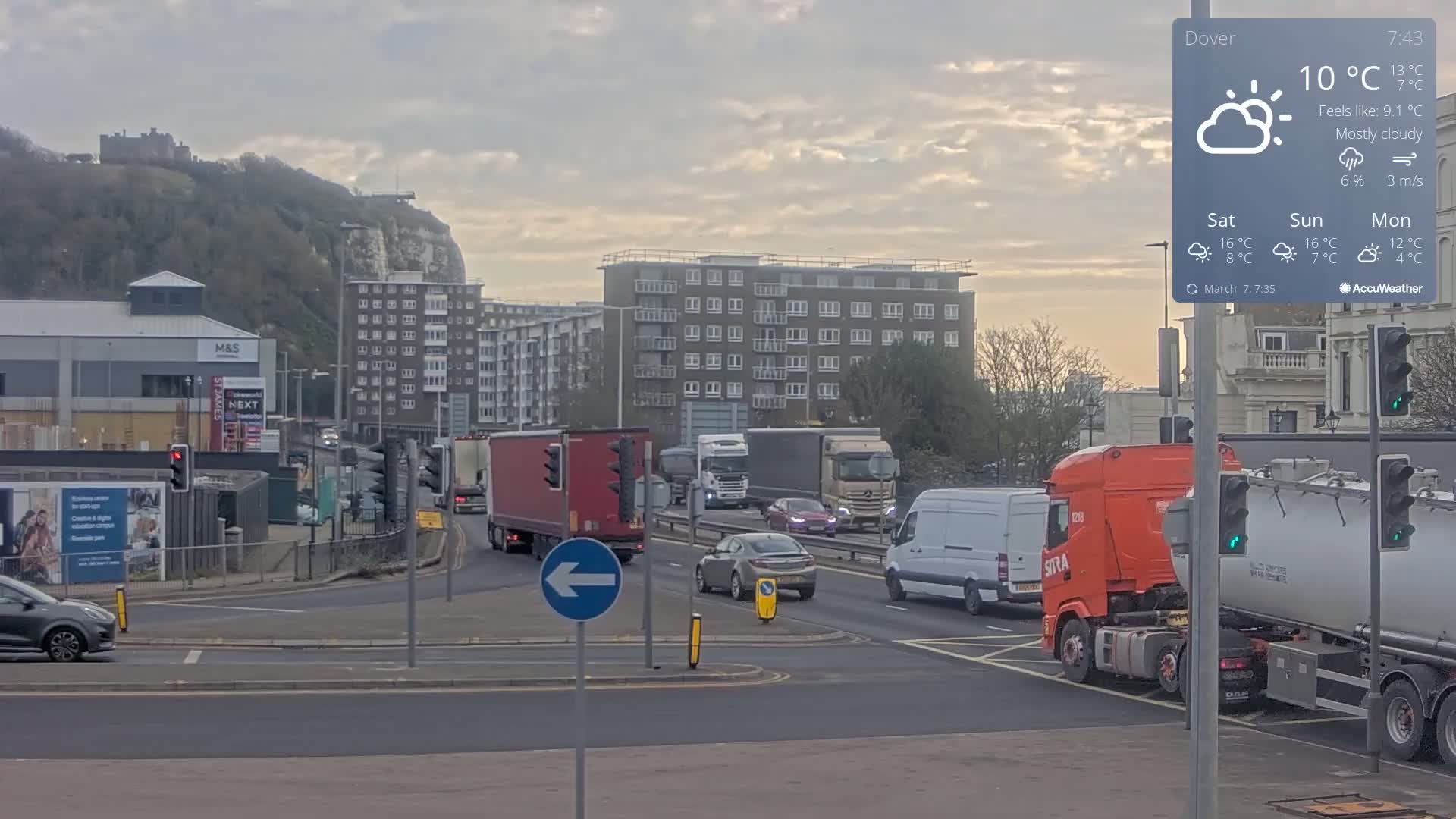 A mostly cloudy scene shows a busy intersection with several cars and trucks, a hill with a castle in the background, and a large apartment building.