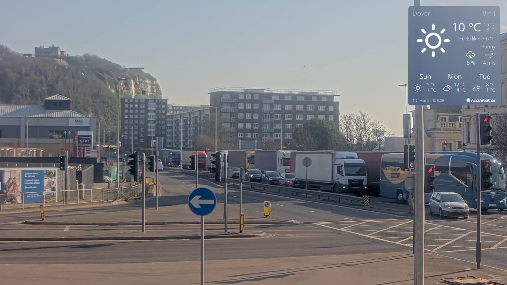 A sunny road scene shows a traffic jam of cars, trucks, and a bus at an intersection, with a hill and castle in the background.