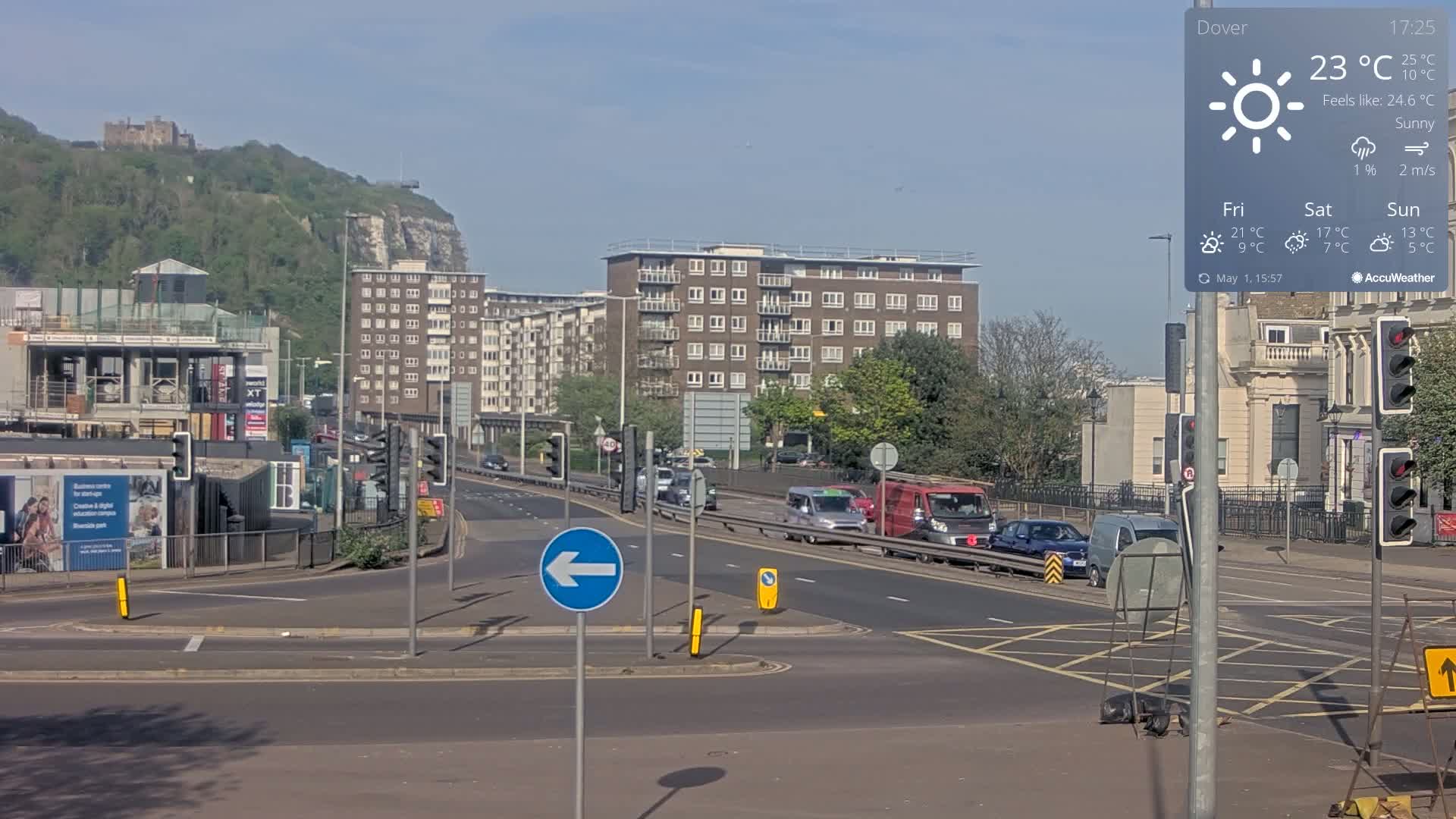 A sunny street scene shows a multi-lane road with several cars and a large building in the background, all under a clear sky.