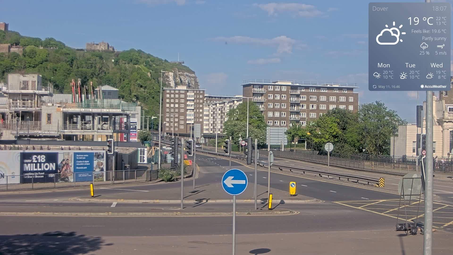 A partly sunny view of a city intersection with buildings, a hill with a castle in the background, and construction underway on one side of the road.