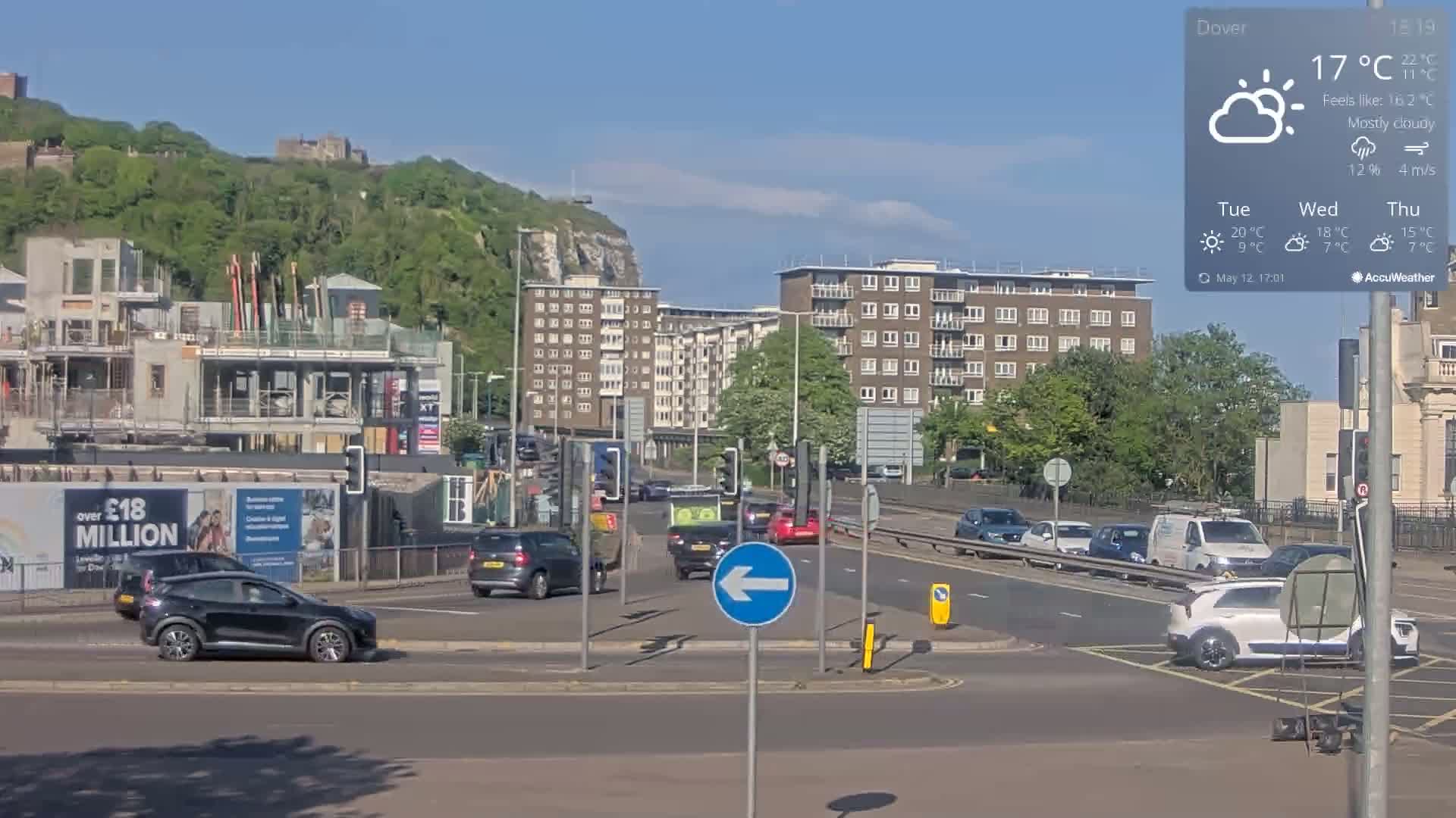 A mostly cloudy, 17°C day shows a busy road intersection with several cars, a construction site, and apartment buildings, all set against a backdrop of a green hill and a castle in the distance.