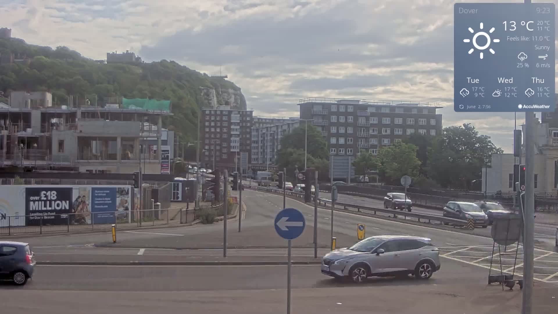 A sunny road scene shows a busy intersection with cars, buildings, and a construction site, all situated beneath a partly cloudy sky and a hilltop castle in the background.